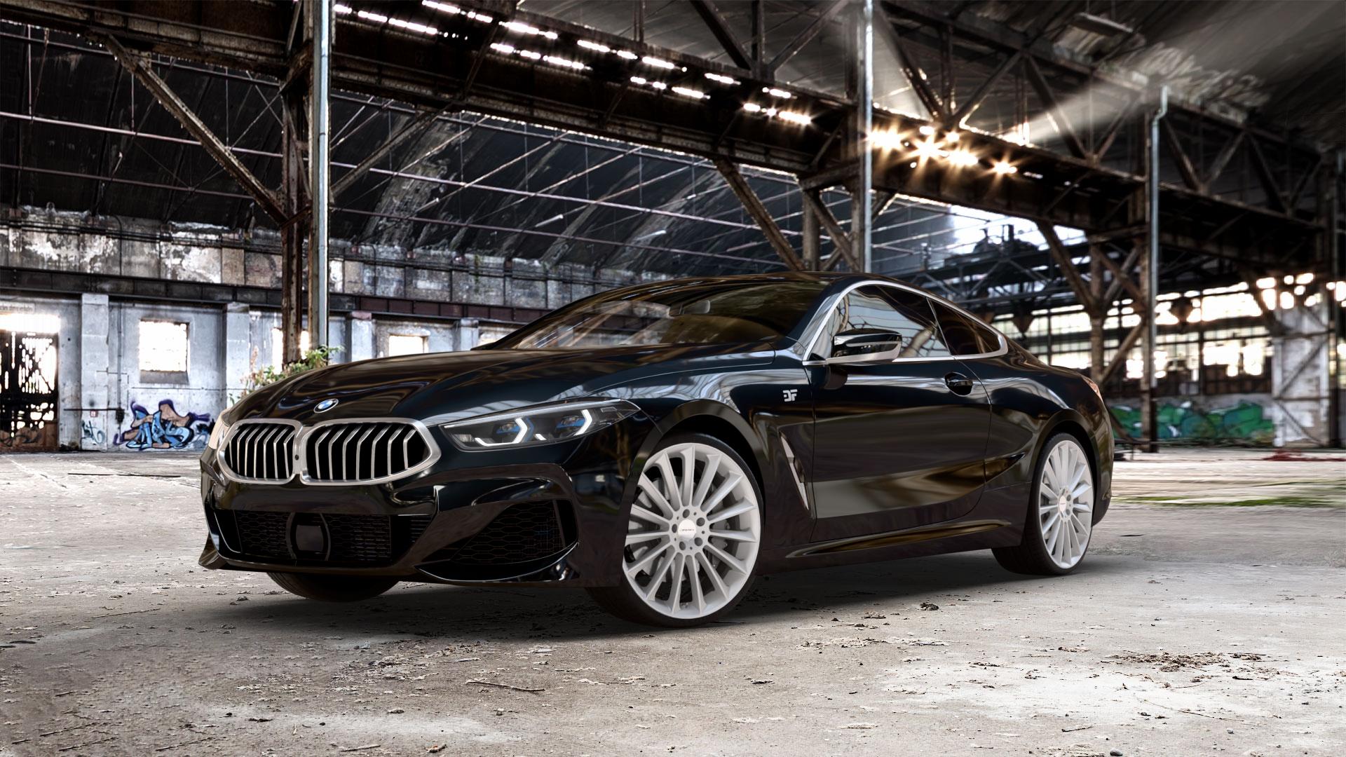 CARMANI 17 Fritz white silver Felge mit Reifen silber weiss in 21Zoll Winterfelge Alufelge auf schwarzem metallic BMW 840d xDrive Typ G15 M850i 840i M8 F8CM (Coupe) 8er Coupé (G8C) ⬇️ mit 15mm Tieferlegung ⬇️ Old Industrial Hall_max_5300mm_2024 Frontansicht_1