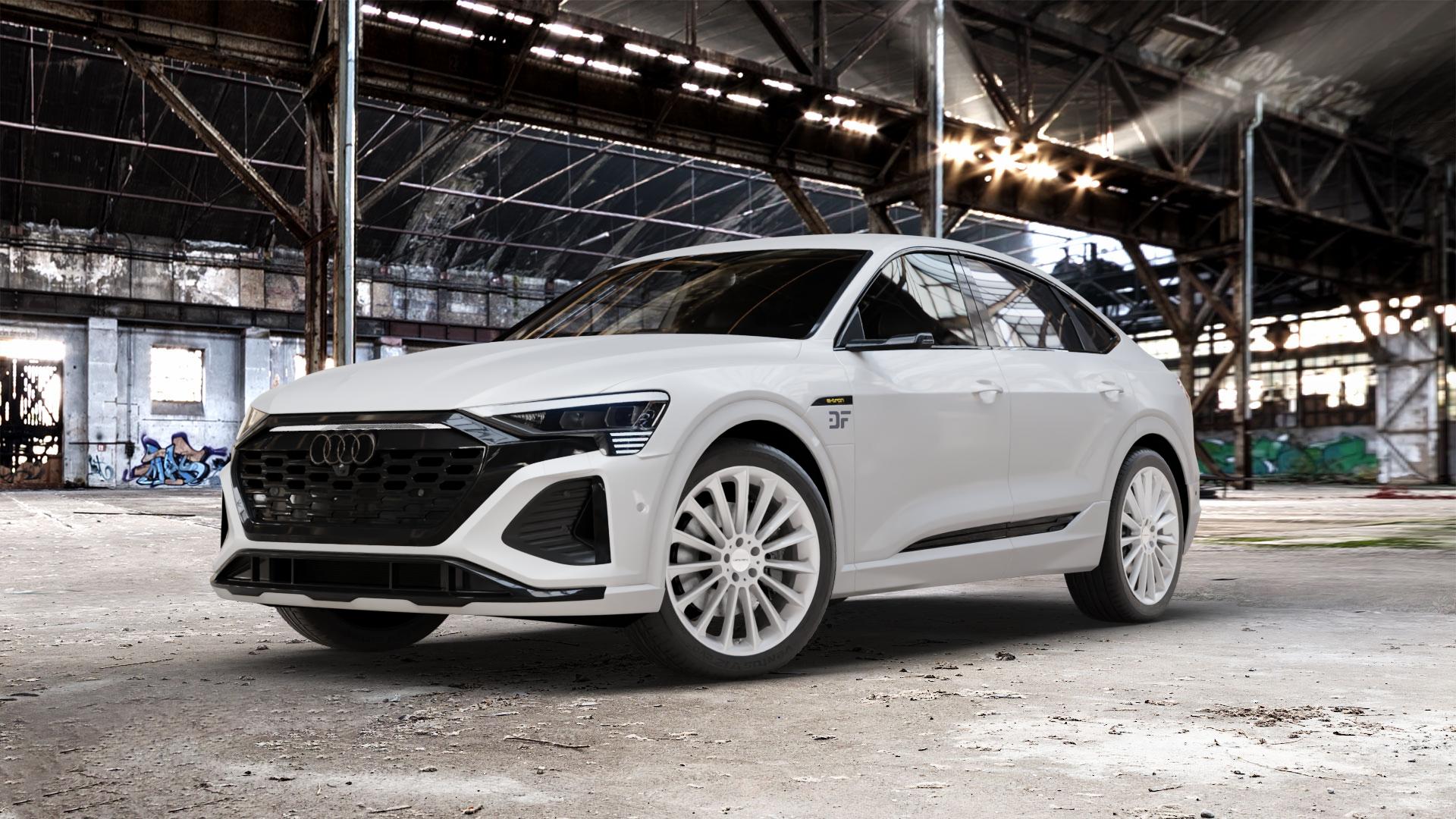 CARMANI 17 Fritz white silver Felge mit Reifen silber weiss in 21Zoll Winterfelge Alufelge auf weissem Audi Q8 Sportback Typ GE ⬇️ mit 15mm Tieferlegung ⬇️ Old Industrial Hall_max_5300mm_2024 Frontansicht_1