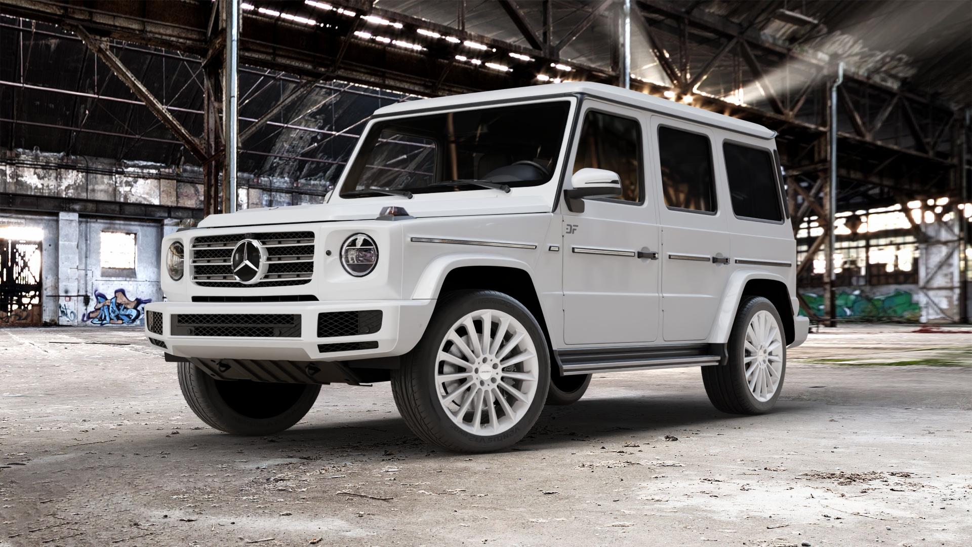 CARMANI 17 Fritz white silver Felge mit Reifen silber weiss in 21Zoll Winterfelge Alufelge auf weissem Mercedes G-Klasse Typ W463 Facelift (18->) ⬇️ mit 15mm Tieferlegung ⬇️ Old Industrial Hall_max_5300mm_2024 Frontansicht_1