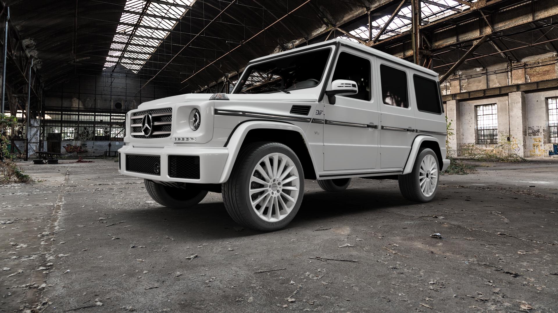 CARMANI 17 Fritz white silver Felge mit Reifen silber weiss in 21Zoll Winterfelge Alufelge auf weissem Mercedes G-Klasse Typ W463 ⬇️ mit 15mm Tieferlegung ⬇️ Old Industrial Hall_max5000mm_2022 Frontansicht_1