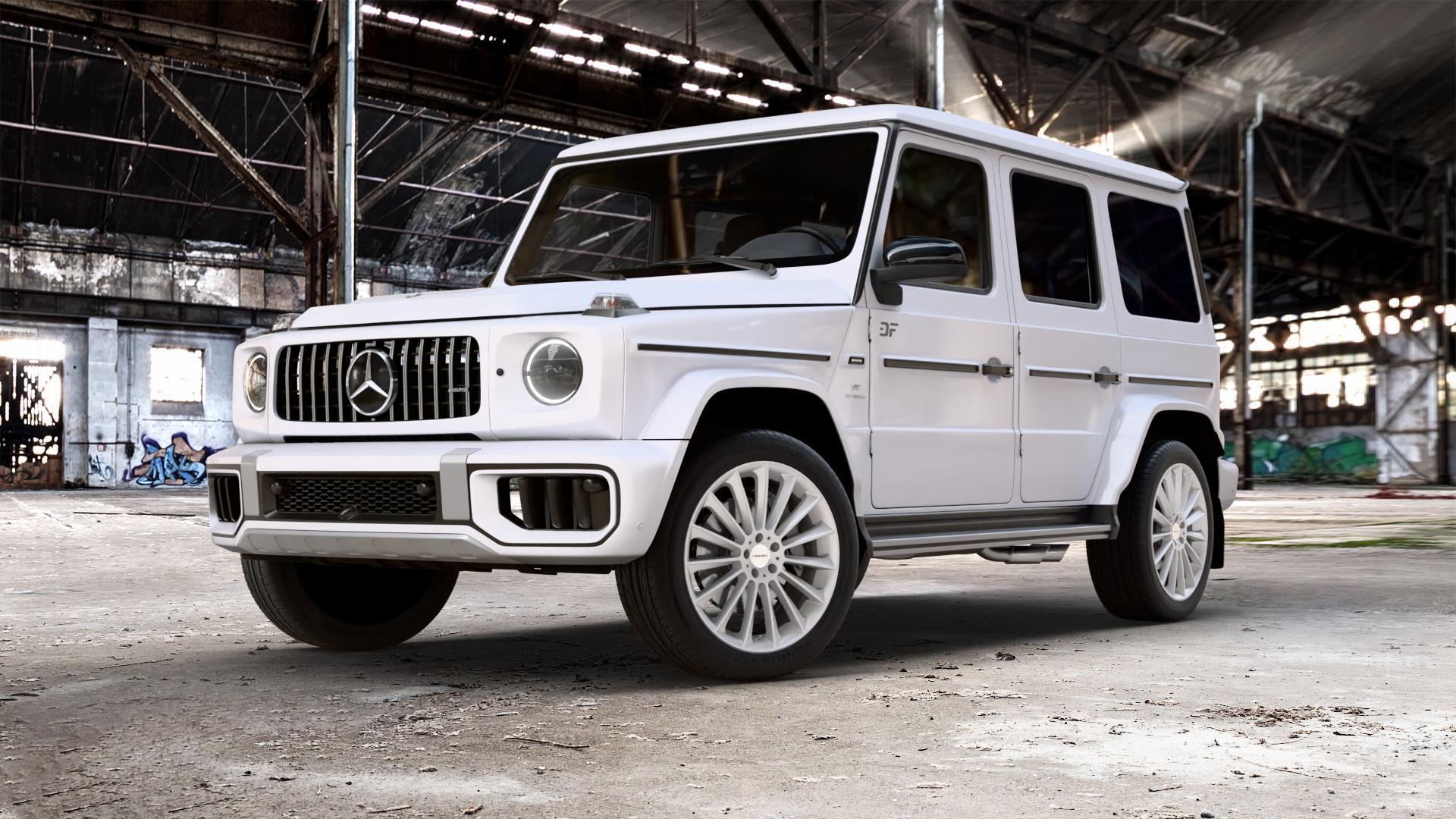 CARMANI 17 Fritz white silver Felge mit Reifen silber weiss in 21Zoll Winterfelge Alufelge auf weissem Mercedes G-Klasse Typ W465 3,0l G 450d 270kW Mild-Hybrid (367 PS) 500 330kW (449 0,0l 580 EQ 223kW (303 4,0l 63 AMG 430kW (585 ⬇️ mit 15mm Tieferlegung ⬇️ Old Industrial Hall_max_5300mm_2024 Frontansicht_1