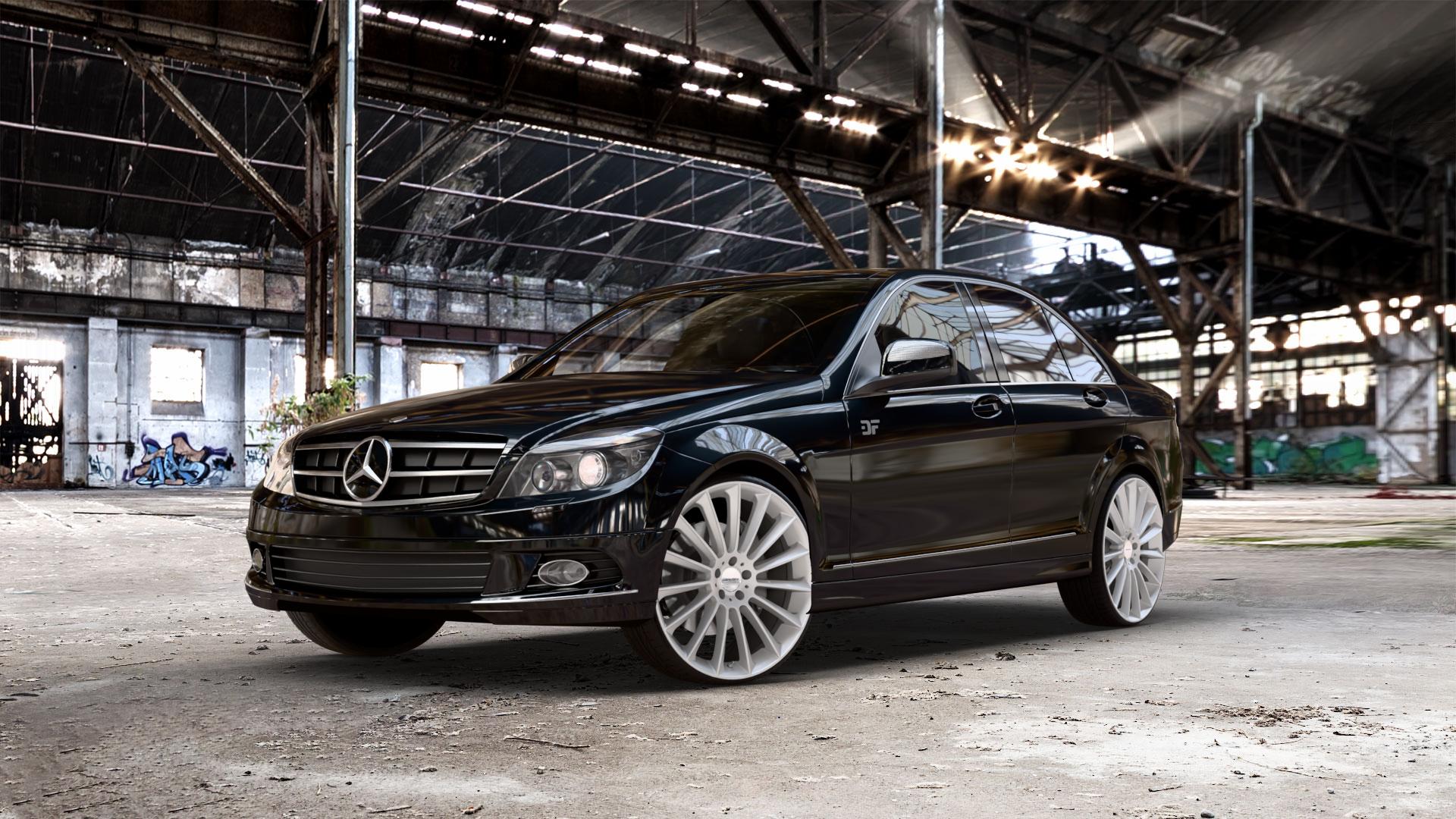 CARMANI 17 Fritz white silver Felge mit Reifen silber weiss in 22Zoll Winterfelge Alufelge auf schwarzem metallic Mercedes C-Klasse Typ W204 Limousine ⬇️ mit 15mm Tieferlegung ⬇️ Old Industrial Hall_max_5300mm_2024 Frontansicht_1