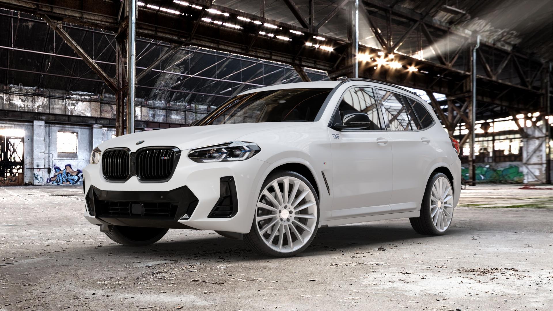 CARMANI 17 Fritz white silver Felge mit Reifen silber weiss in 22Zoll Winterfelge Alufelge auf weissem BMW X3 Typ G01 (G3X) Facelift ⬇️ mit 15mm Tieferlegung ⬇️ Old Industrial Hall_max_5300mm_2024 Frontansicht_1