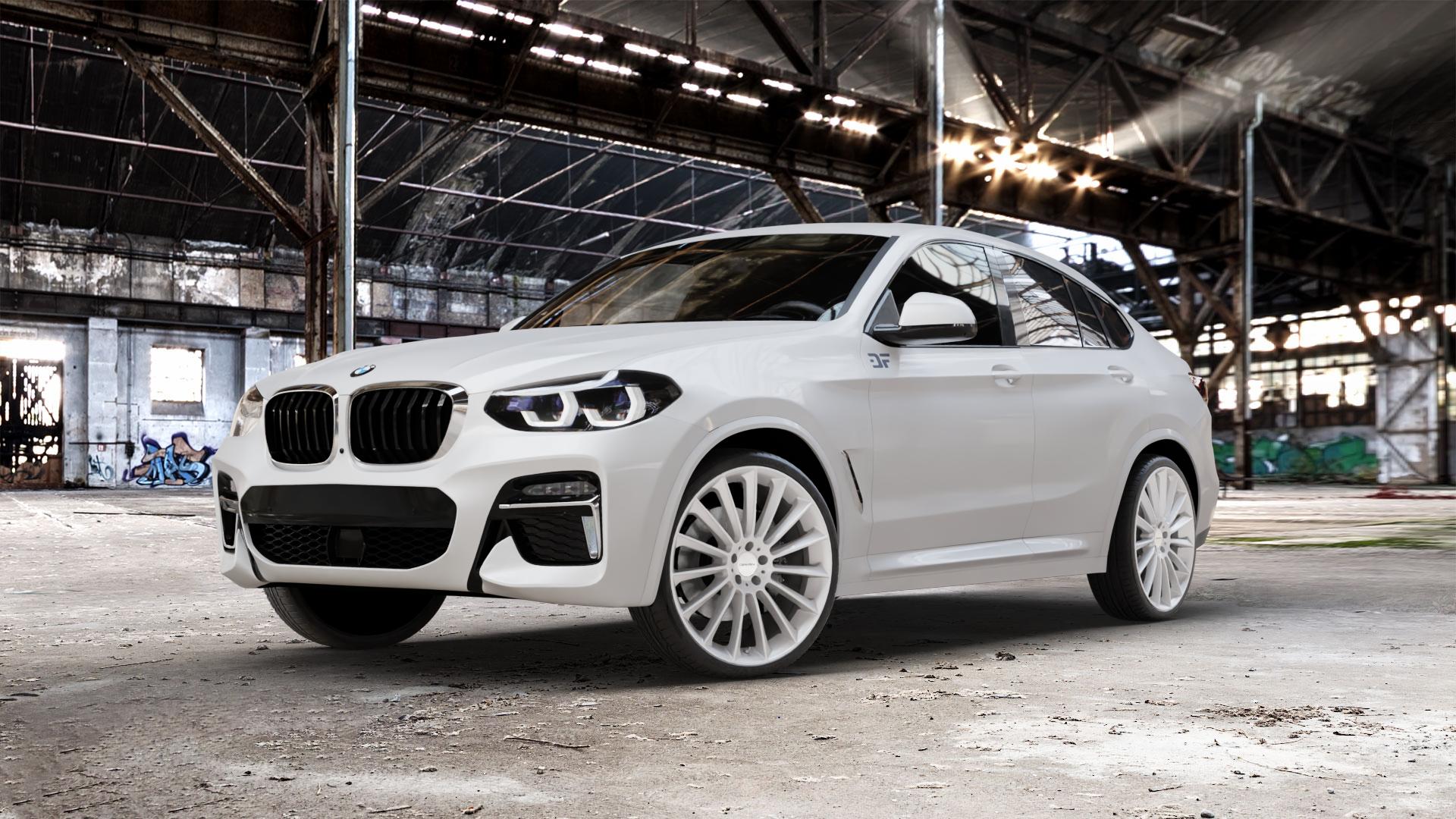 CARMANI 17 Fritz white silver Felge mit Reifen silber weiss in 22Zoll Winterfelge Alufelge auf weissem BMW X4 Typ G02 (G4X) ⬇️ mit 15mm Tieferlegung ⬇️ Old Industrial Hall_max_5300mm_2024 Frontansicht_1
