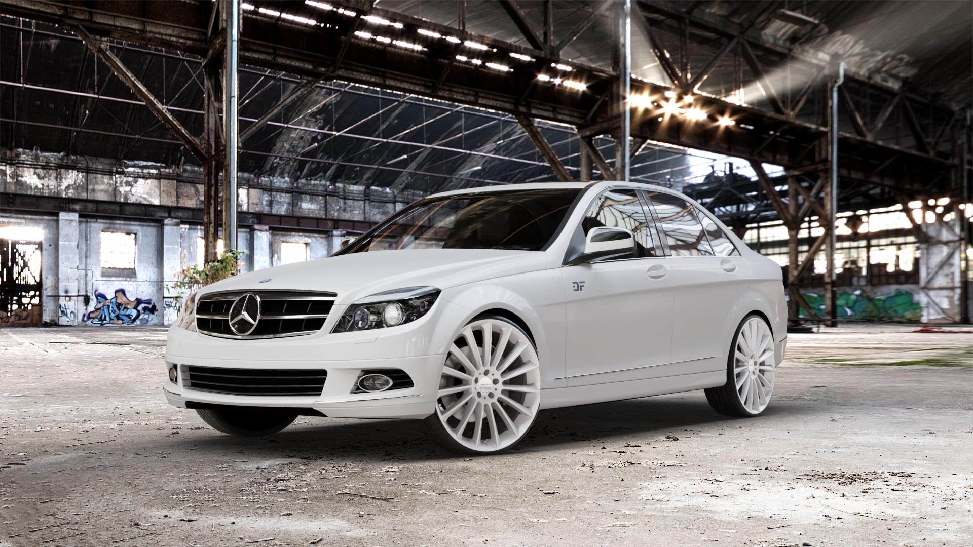 CARMANI 17 Fritz white silver Felge mit Reifen silber weiss in 22Zoll Winterfelge Alufelge auf weissem Mercedes C-Klasse Typ W204 Limousine ⬇️ mit 15mm Tieferlegung ⬇️ Old Industrial Hall_max_5300mm_2024 Frontansicht_1