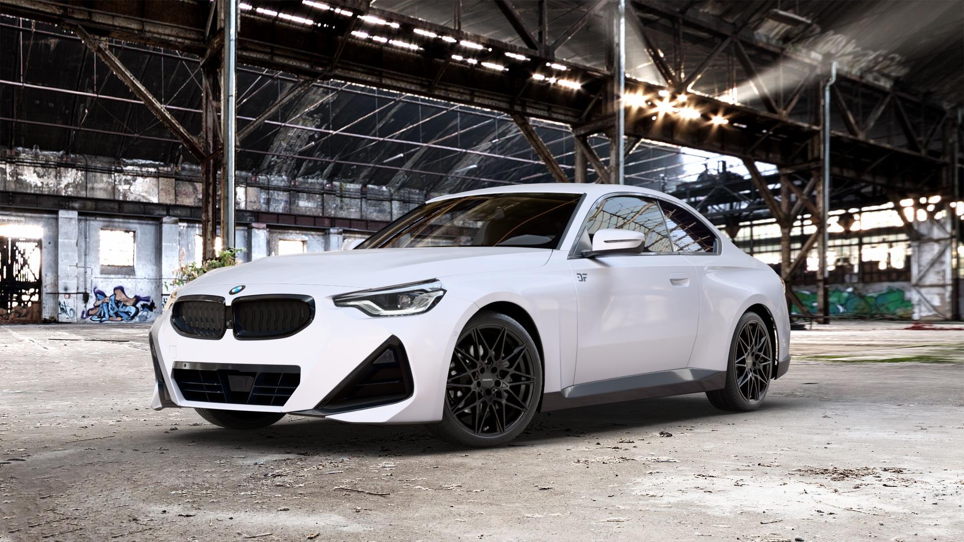 CARMANI 18 Knut black matt Felge mit Reifen schwarz in 19Zoll Winterfelge Alufelge auf weissem BMW 2er G42 Coupé (G2C) ⬇️ mit 15mm Tieferlegung ⬇️ Old Industrial Hall_max_5300mm_2024 Frontansicht_1