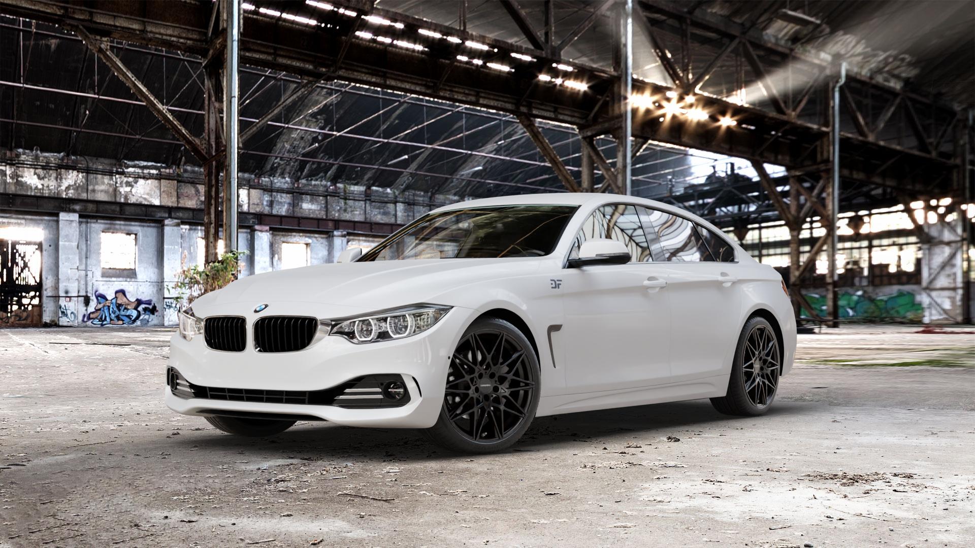 CARMANI 18 Knut black matt Felge mit Reifen schwarz in 19Zoll Winterfelge Alufelge auf weissem BMW 418d Typ F36 (Gran Coupe) 420d xDrive 420i 428i 435i 430d 440i 418i 430i 425d 4er Gran Coupe (3C) ⬇️ mit 15mm Tieferlegung ⬇️ Old Industrial Hall_max_5300mm_2024 Frontansicht_1