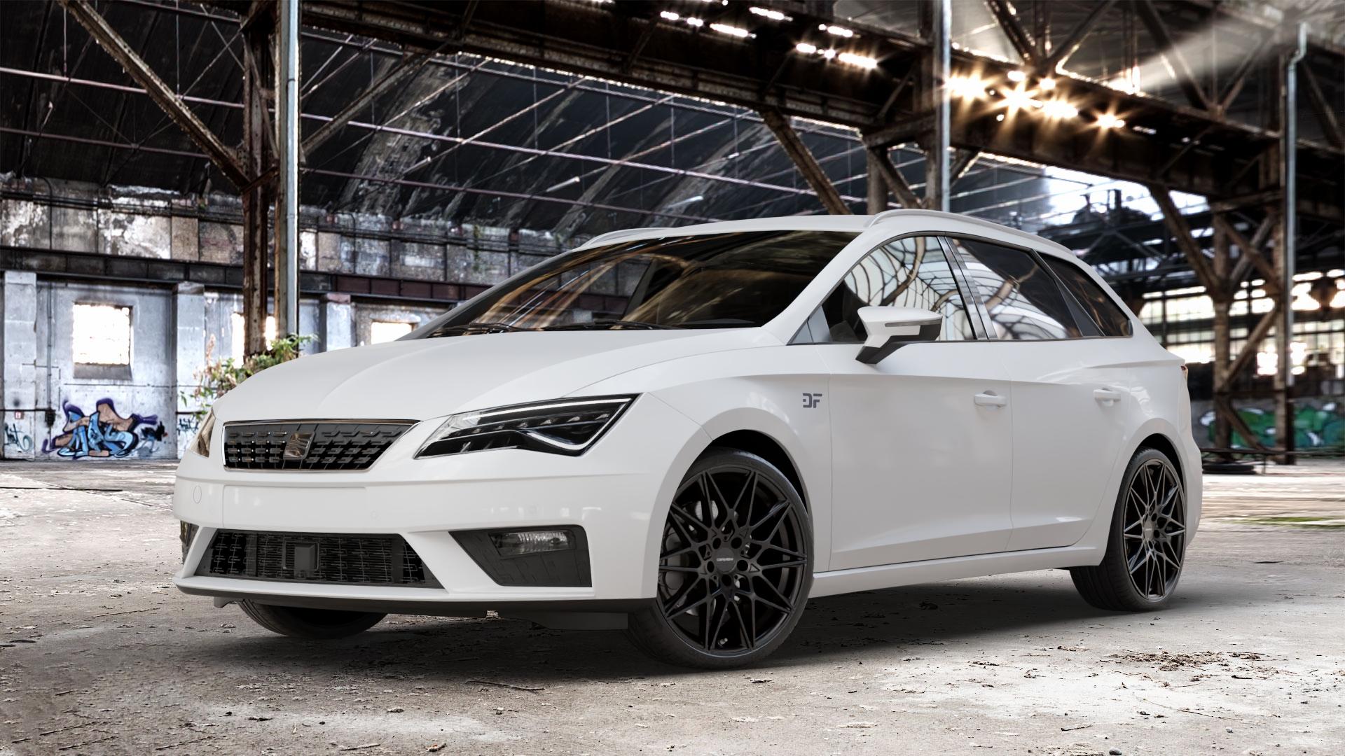 CARMANI 18 Knut black matt Felge mit Reifen schwarz in 19Zoll Winterfelge Alufelge auf weissem Seat Leon Typ 5F ST Facelift ⬇️ mit 15mm Tieferlegung ⬇️ Old Industrial Hall_max_4400mm_2024 Frontansicht_1