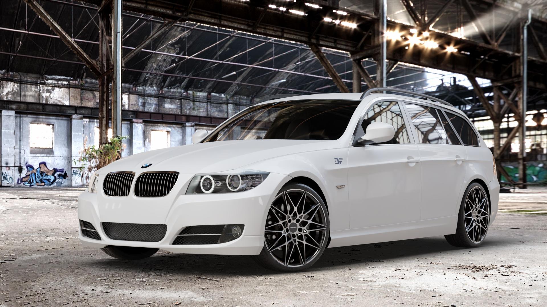 CARMANI 18 Knut black polish Felge mit Reifen schwarz in 19Zoll Winterfelge Alufelge auf weissem BMW 318i Typ E91 (Touring) 320i 325i 330i 320d 330d 318d 325xi 330xi 335i 335d 325d 330xd 335xi 320xd 316d 316i 3er Touring (390L, 390X, 3K, 3K-N1) ⬇️ mit 15mm Tieferlegung ⬇️ Old Industrial Hall_max_4400mm_2024 Frontansicht_1