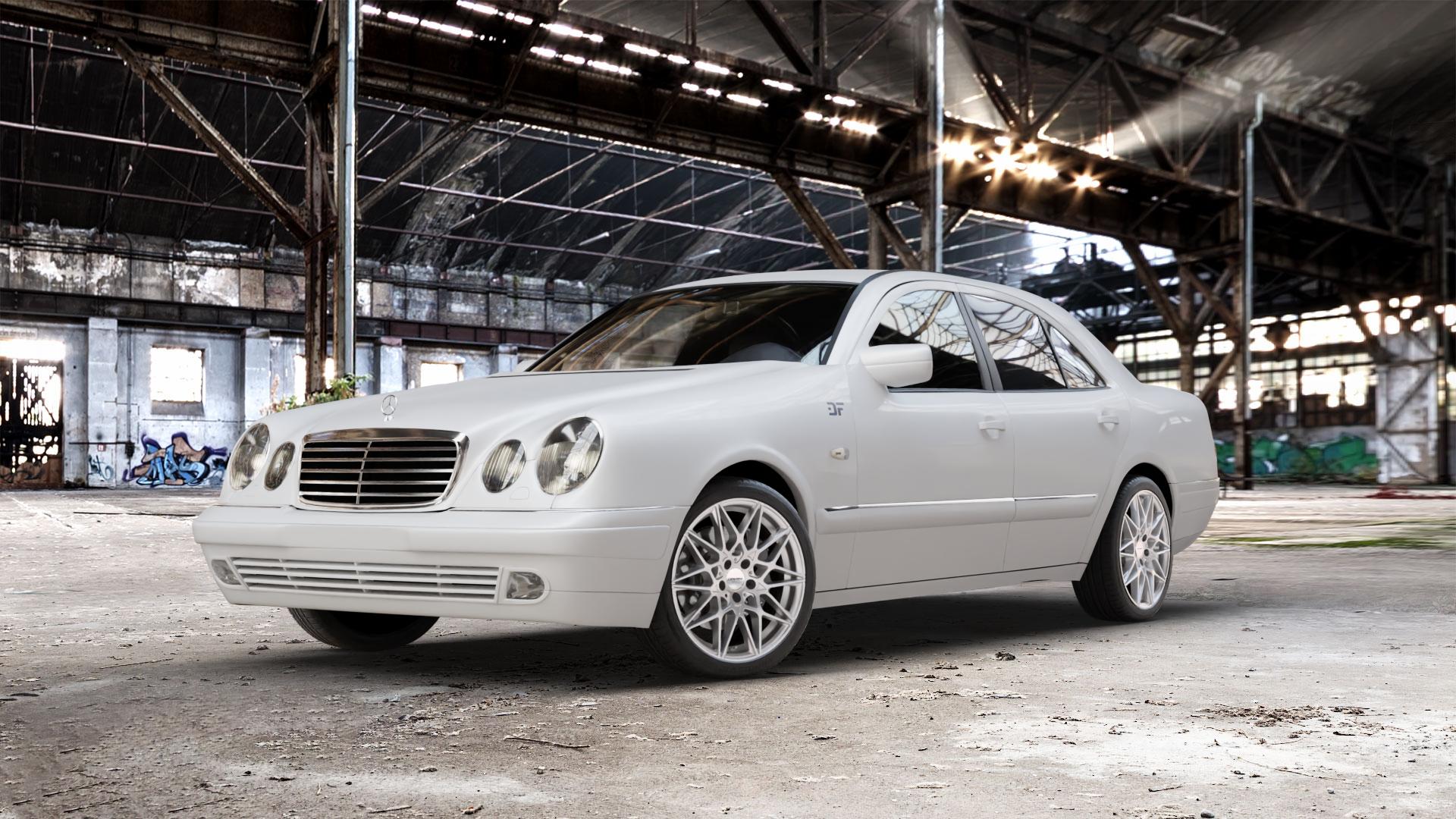 CARMANI 18 Knut white silver Felge mit Reifen silber weiss in 18Zoll Winterfelge Alufelge auf weissem Mercedes E-Klasse Typ W210 Limousine ⬇️ mit 15mm Tieferlegung ⬇️ Old Industrial Hall_max_5300mm_2024 Frontansicht_1