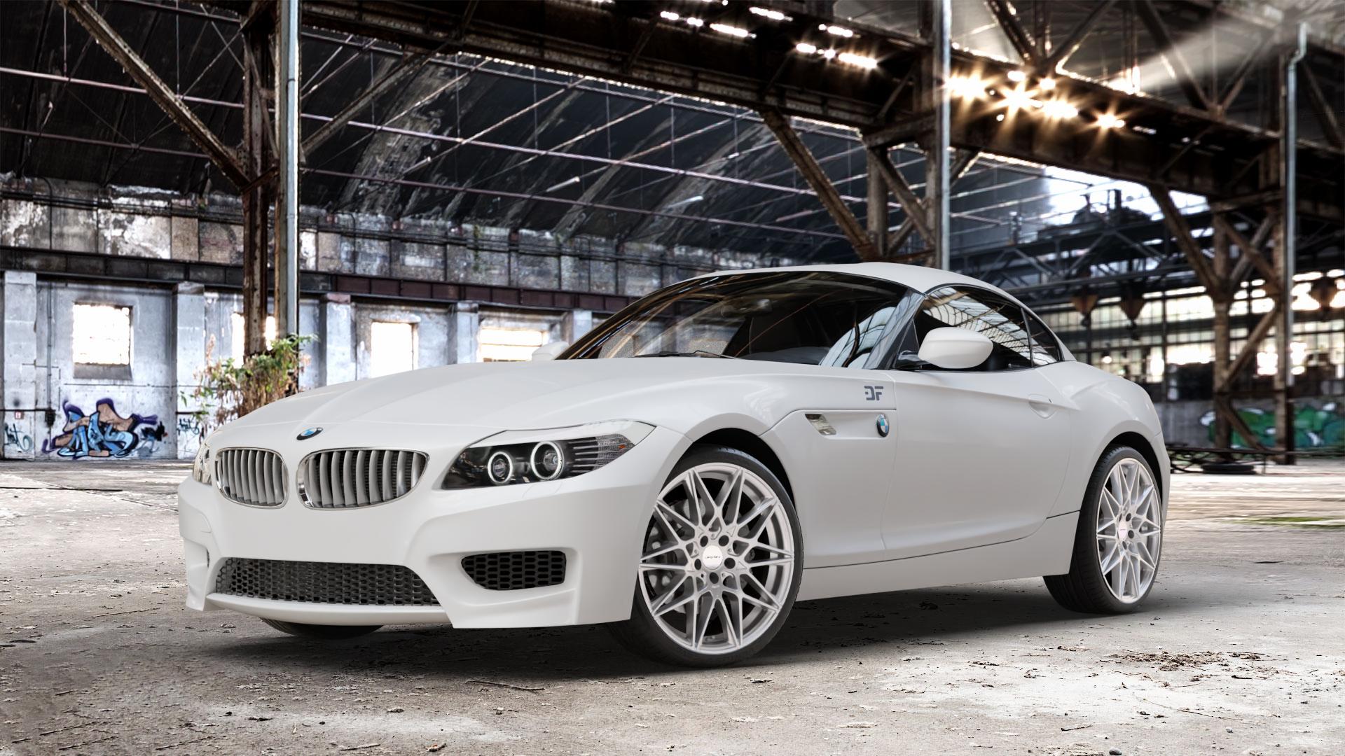 CARMANI 18 Knut white silver Felge mit Reifen silber weiss in 19Zoll Winterfelge Alufelge auf weissem BMW Z4 Roadster Typ E89 (Z89, ZR) ⬇️ mit 15mm Tieferlegung ⬇️ Old Industrial Hall_max_4400mm_2024 Frontansicht_1