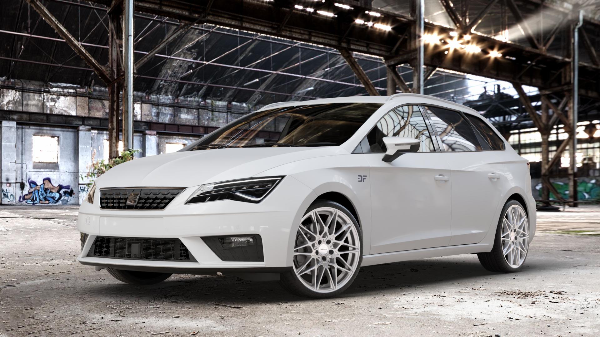 CARMANI 18 Knut white silver Felge mit Reifen silber weiss in 19Zoll Winterfelge Alufelge auf weissem Seat Leon Typ 5F ST Facelift ⬇️ mit 15mm Tieferlegung ⬇️ Old Industrial Hall_max_4400mm_2024 Frontansicht_1