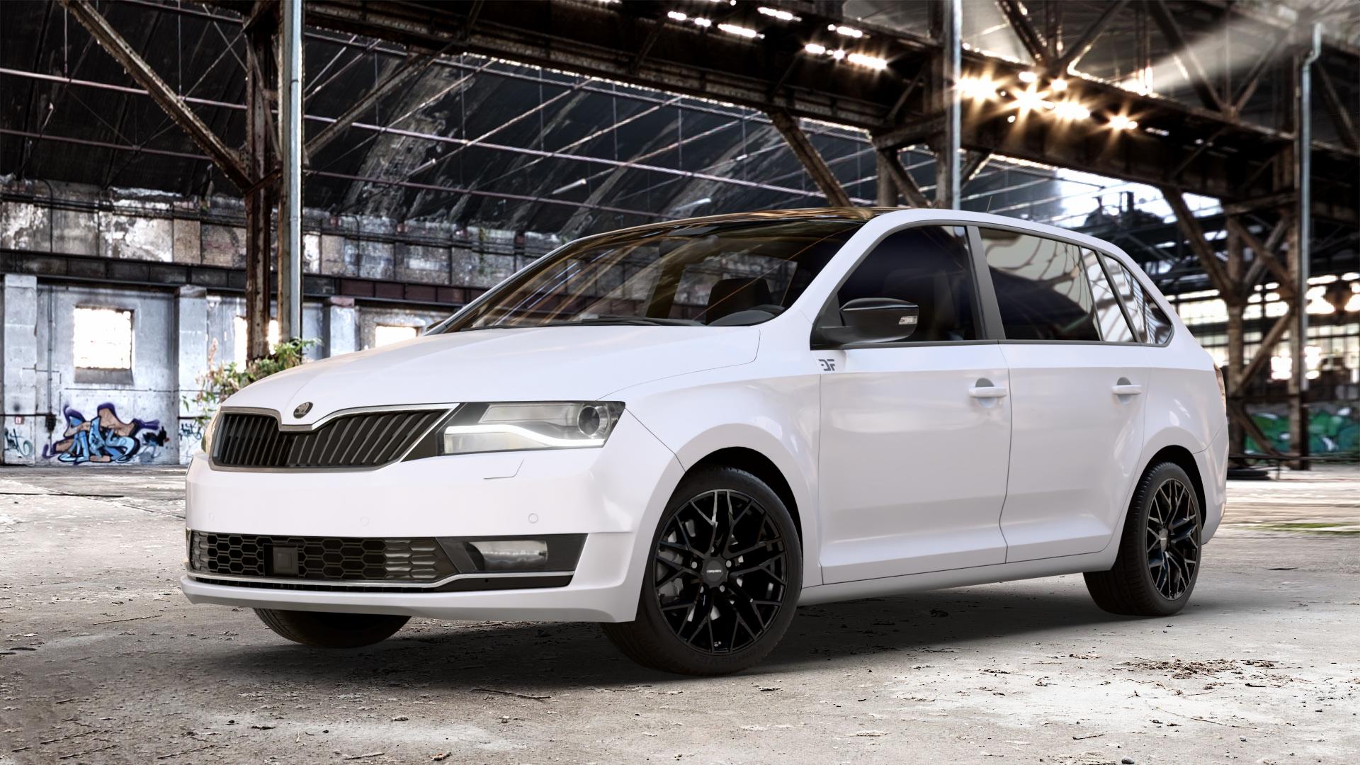 CARMANI 20 Ludwig black Felge mit Reifen schwarz in 16Zoll Winterfelge Alufelge auf weissem Skoda Rapid Spaceback Typ NH Facelift ⬇️ mit 15mm Tieferlegung ⬇️ Old Industrial Hall_max_4400mm_2024 Frontansicht_1