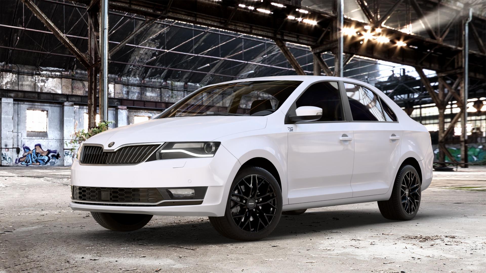 CARMANI 20 Ludwig black Felge mit Reifen schwarz in 16Zoll Winterfelge Alufelge auf weissem Skoda Rapid Typ NH Facelift ⬇️ mit 15mm Tieferlegung ⬇️ Old Industrial Hall_max_4400mm_2024 Frontansicht_1