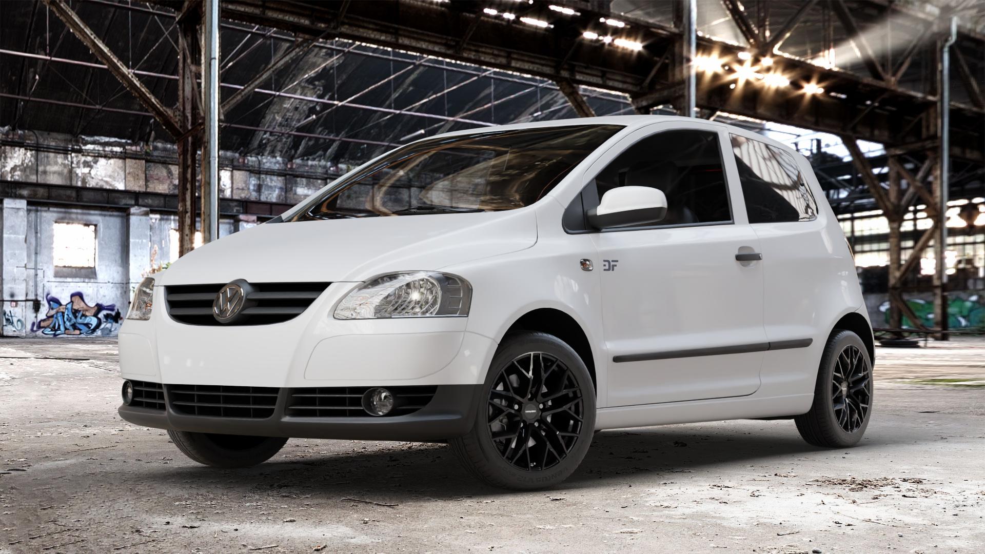 CARMANI 20 Ludwig black Felge mit Reifen schwarz in 16Zoll Winterfelge Alufelge auf weissem Volkswagen (VW) Fox ⬇️ mit 15mm Tieferlegung ⬇️ Old Industrial Hall_max_4400mm_2024 Frontansicht_1