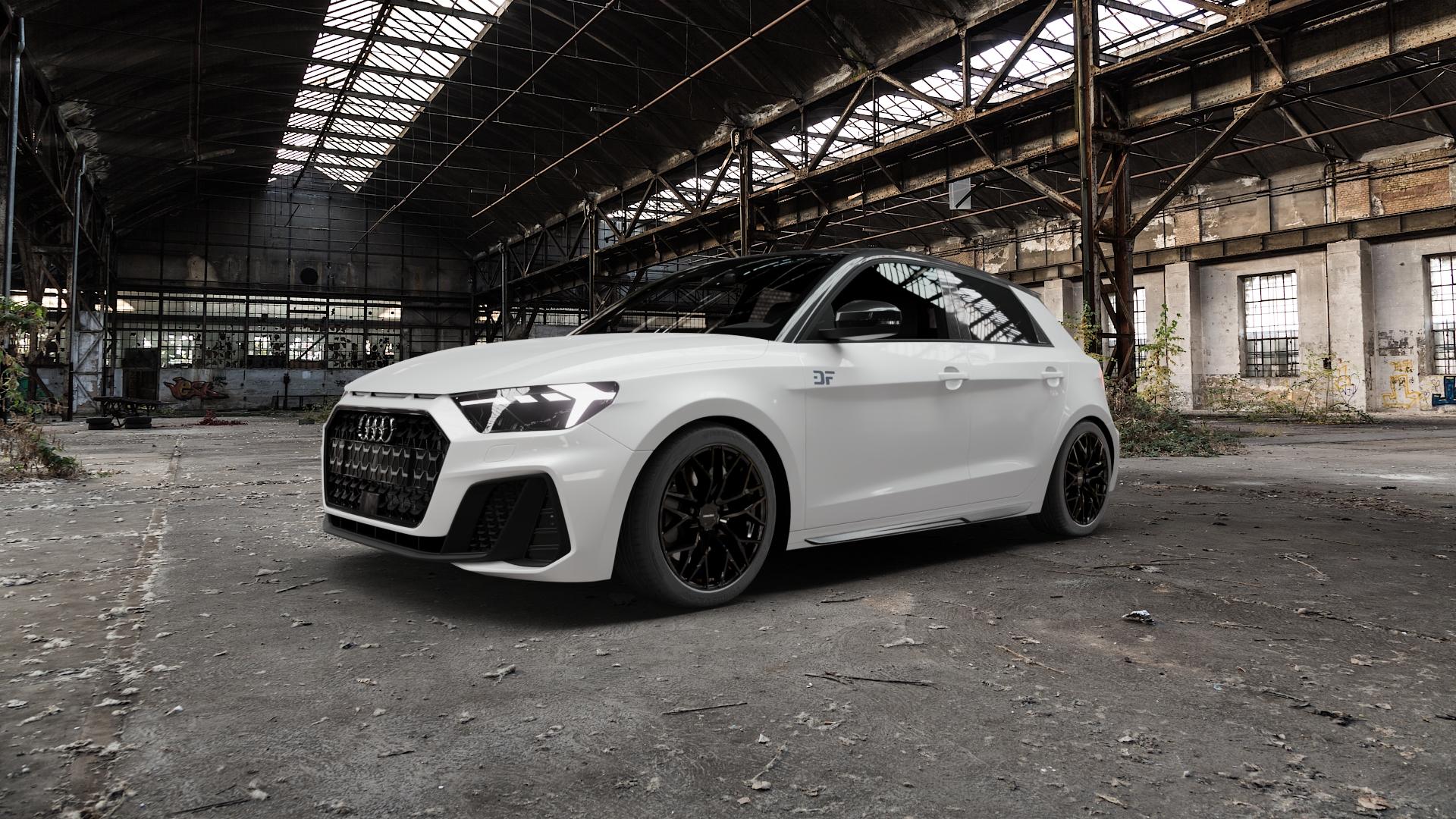 CARMANI 20 Ludwig black Felge mit Reifen schwarz in 17Zoll Winterfelge Alufelge auf weissem Audi A1 Typ GB (Sportback) ⬇️ mit 15mm Tieferlegung ⬇️ Old Industrial Hall_max5000mm_2022 Frontansicht_1