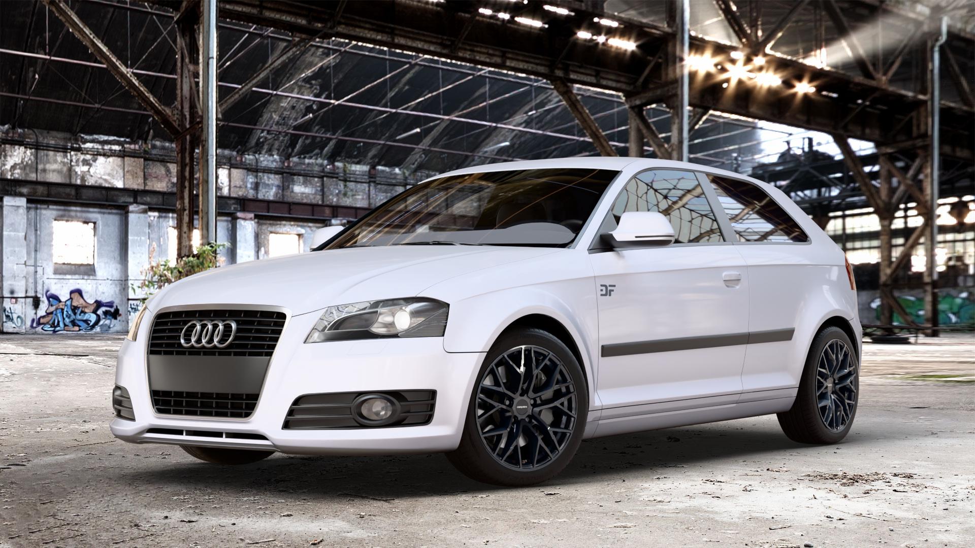 CARMANI 20 Ludwig black Felge mit Reifen schwarz in 17Zoll Winterfelge Alufelge auf weißem Audi A3 Typ 8P ⬇️ mit 15mm Tieferlegung ⬇️ Old Industrial Hall_max_4400mm_2024 Frontansicht_1