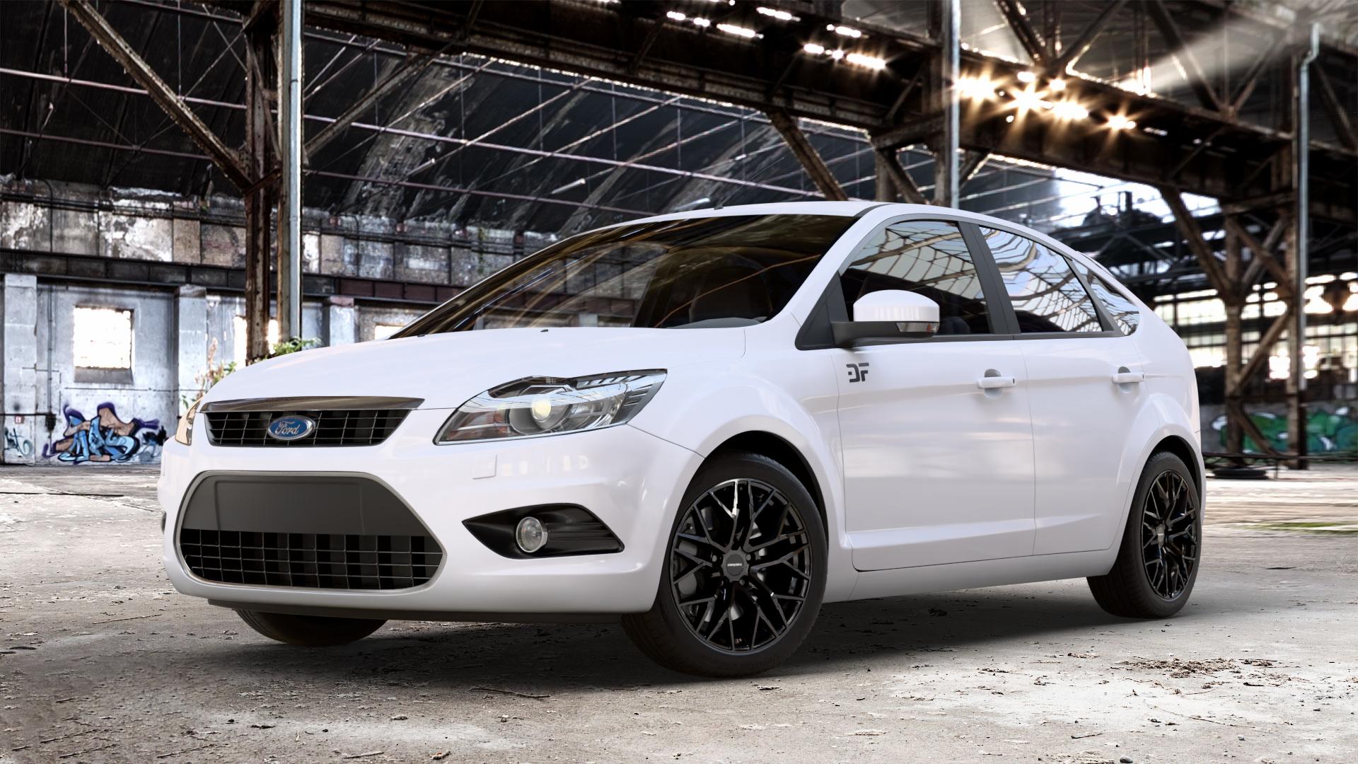 CARMANI 20 Ludwig black Felge mit Reifen schwarz in 17Zoll Winterfelge Alufelge auf weissem Ford Focus II Typ DA3 (Schrägheck) ⬇️ mit 15mm Tieferlegung ⬇️ Old Industrial Hall_max_4400mm_2024 Frontansicht_1