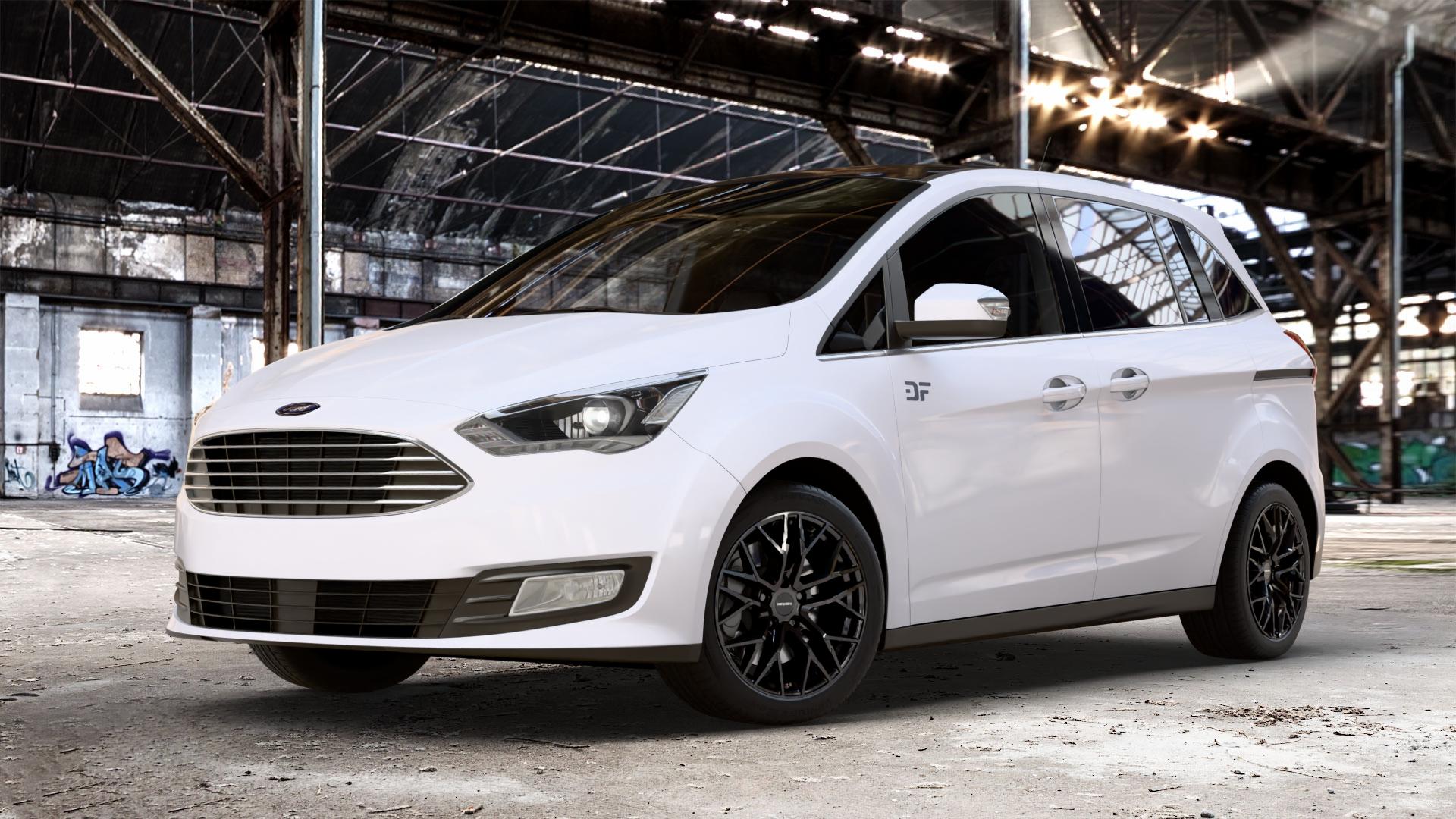 CARMANI 20 Ludwig black Felge mit Reifen schwarz in 17Zoll Winterfelge Alufelge auf weissem Ford Grand C-Max Typ DXA Facelift (15->) ⬇️ mit 15mm Tieferlegung ⬇️ Old Industrial Hall_max_4400mm_2024 Frontansicht_1