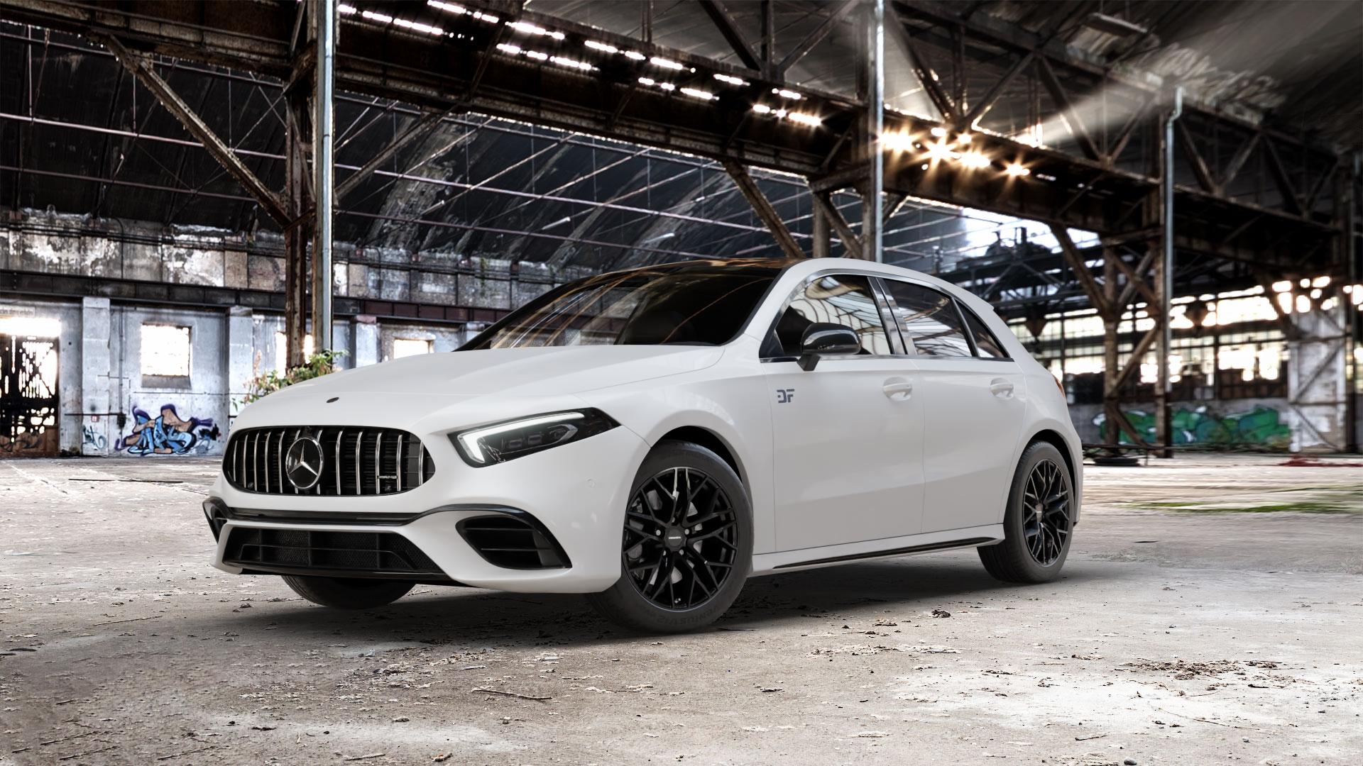 CARMANI 20 Ludwig black Felge mit Reifen schwarz in 17Zoll Winterfelge Alufelge auf weissem Mercedes A-Klasse IV Typ 177 (F2A) Schrägheck 2,0l AMG A 35 4Matic 225kW (306 PS) 45 285kW (387 S 310kW (421 Facelift Mild-Hybrid ⬇️ mit 15mm Tieferlegung ⬇️ Old Industrial Hall_max_5300mm_2024 Frontansicht_1