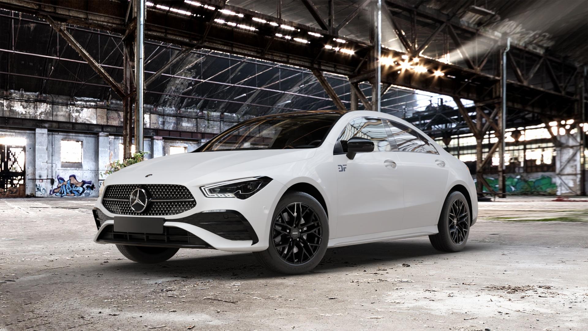 CARMANI 20 Ludwig black Felge mit Reifen schwarz in 17Zoll Winterfelge Alufelge auf weissem Mercedes CLA-Klasse II Typ C118 (F2CLA) Facelift ⬇️ mit 15mm Tieferlegung ⬇️ Old Industrial Hall_max_5300mm_2024 Frontansicht_1