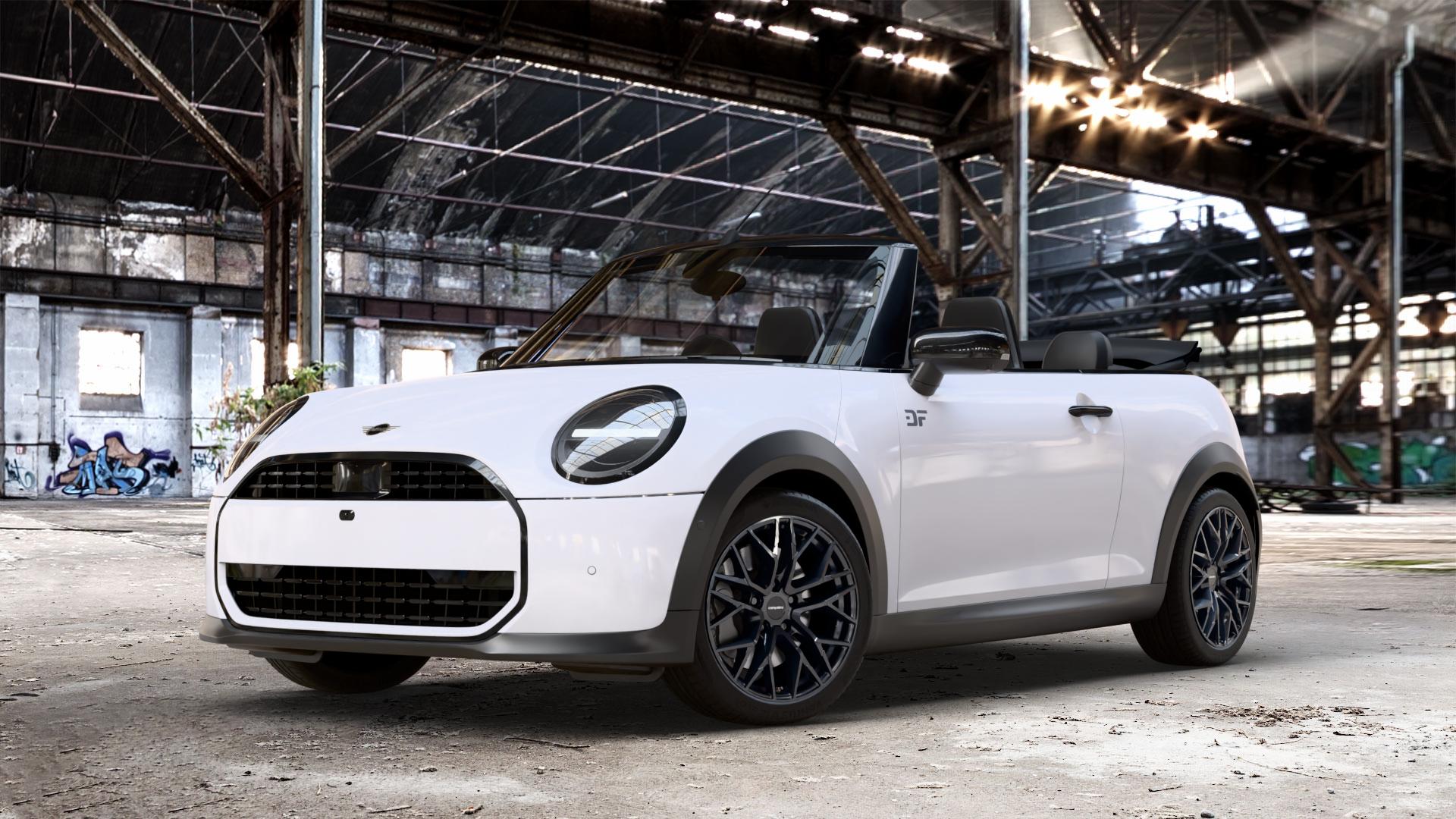 CARMANI 20 Ludwig black Felge mit Reifen schwarz in 17Zoll Winterfelge Alufelge auf weissem Mini F67 Typ FM6 (Cabrio) 2,0l Cooper 120kW (163 PS) S 150kW (204 JCW 170kW (231 ⬇️ mit 15mm Tieferlegung ⬇️ Old Industrial Hall_max_4400mm_2024 Frontansicht_1