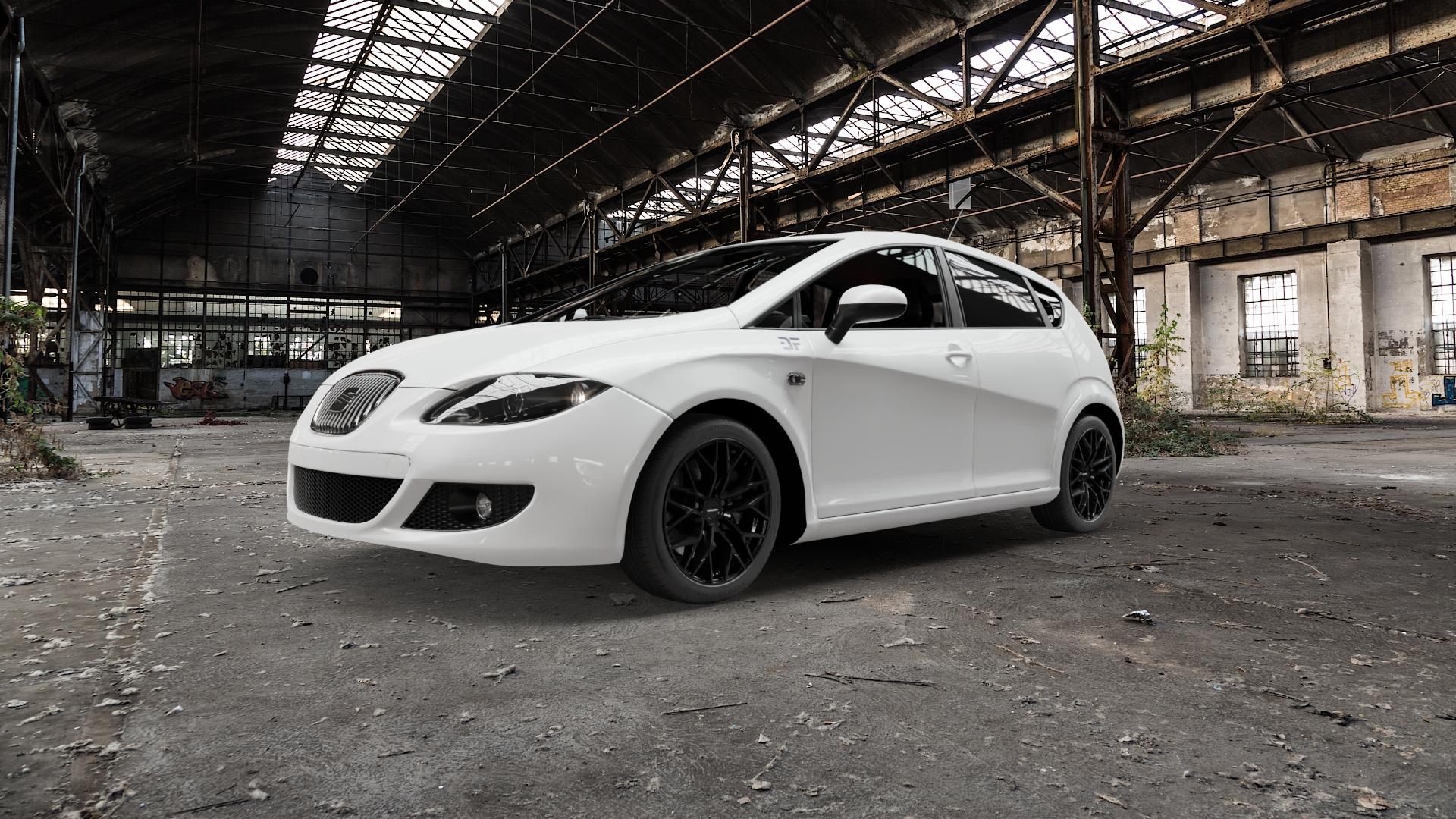 CARMANI 20 Ludwig black Felge mit Reifen schwarz in 17Zoll Winterfelge Alufelge auf weissem Seat Leon Typ 1P ⬇️ mit 15mm Tieferlegung ⬇️ Old Industrial Hall_max5000mm_2022 Frontansicht_1