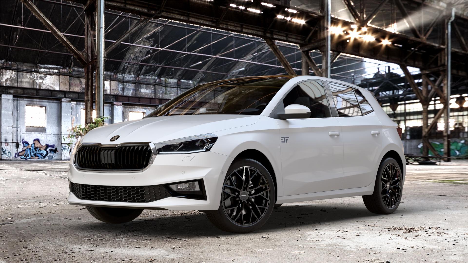 CARMANI 20 Ludwig black Felge mit Reifen schwarz in 17Zoll Winterfelge Alufelge auf weissem Skoda Fabia IV Typ PJ ⬇️ mit 15mm Tieferlegung ⬇️ Old Industrial Hall_max_4400mm_2024 Frontansicht_1
