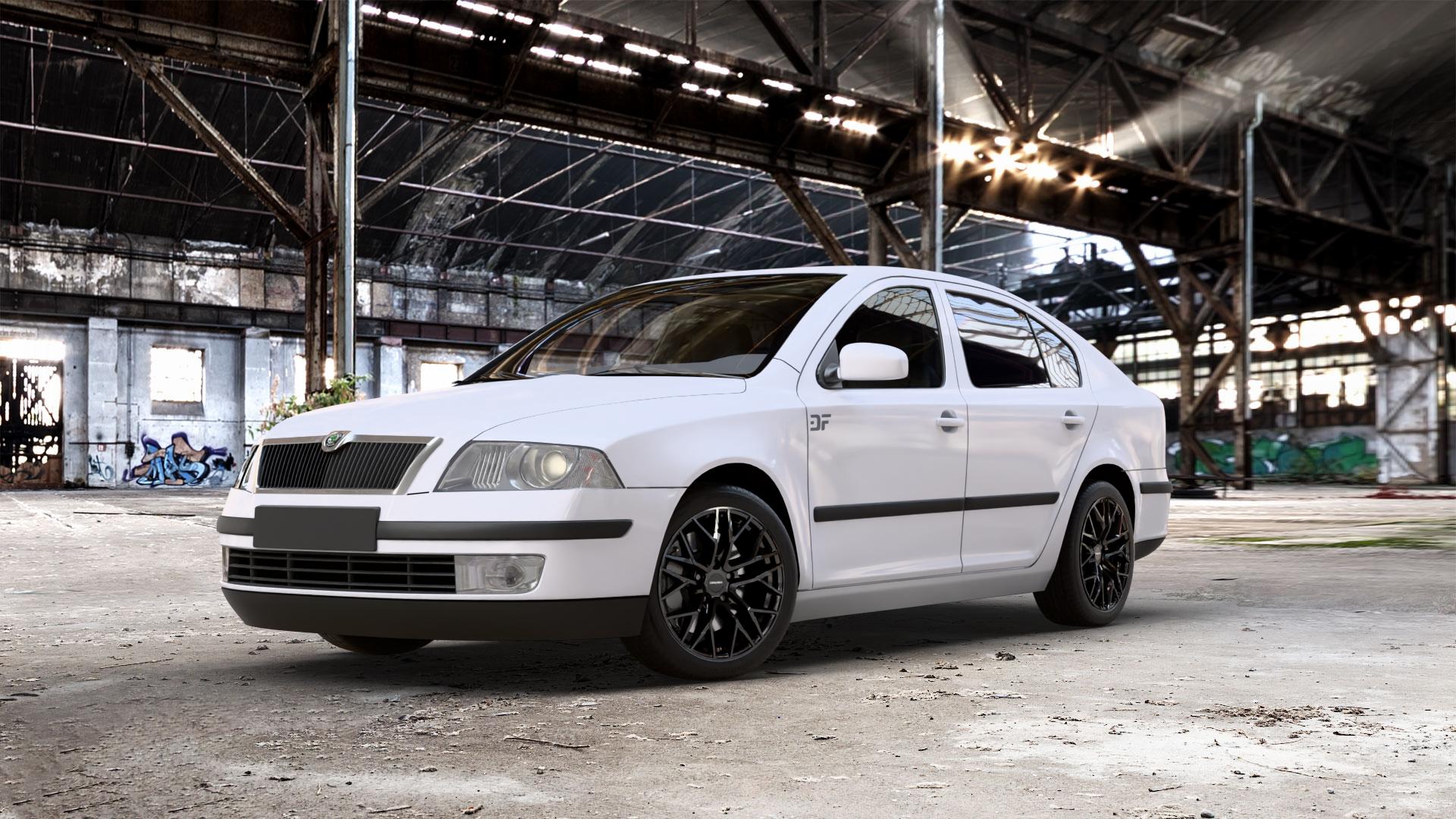 CARMANI 20 Ludwig black Felge mit Reifen schwarz in 17Zoll Winterfelge Alufelge auf weissem Skoda Octavia II Limousine Typ 1Z3 1,4l 55kW (75 PS) 59kW (80 1,6l 75kW (102 FSI 85kW (116 1,8l TSI 118kW (160 1,2l 77kW (105 90kW (122 TDI I 1U2 ⬇️ mit 15mm Tieferlegung ⬇️ Old Industrial Hall_max_5300mm_2024 Frontansicht_1