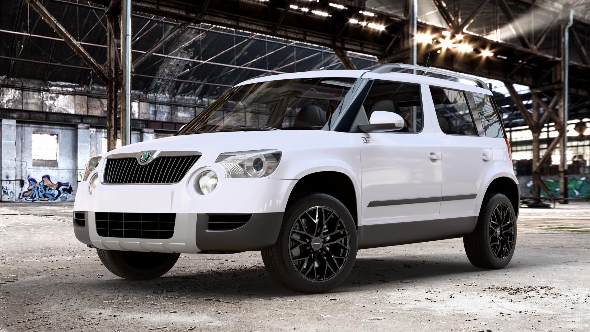 CARMANI 20 Ludwig black Felge mit Reifen schwarz in 17Zoll Winterfelge Alufelge auf weissem Skoda Yeti 1,2l TSI 77kW (105 PS) 1,4l 90kW (122 1,8l 118kW 4WD (160 2,0l TDI 81kW (110 103kW (140 125kW (170 112kW (152 1,6l 110kW (150 ⬇️ mit 15mm Tieferlegung ⬇️ Old Industrial Hall_max_4400mm_2024 Frontansicht_1
