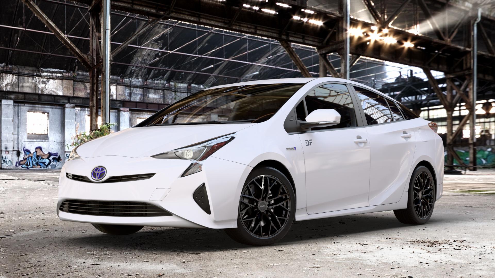 CARMANI 20 Ludwig black Felge mit Reifen schwarz in 17Zoll Winterfelge Alufelge auf weissem Toyota Prius IV Typ XW5 ⬇️ mit 15mm Tieferlegung ⬇️ Old Industrial Hall_max_4400mm_2024 Frontansicht_1