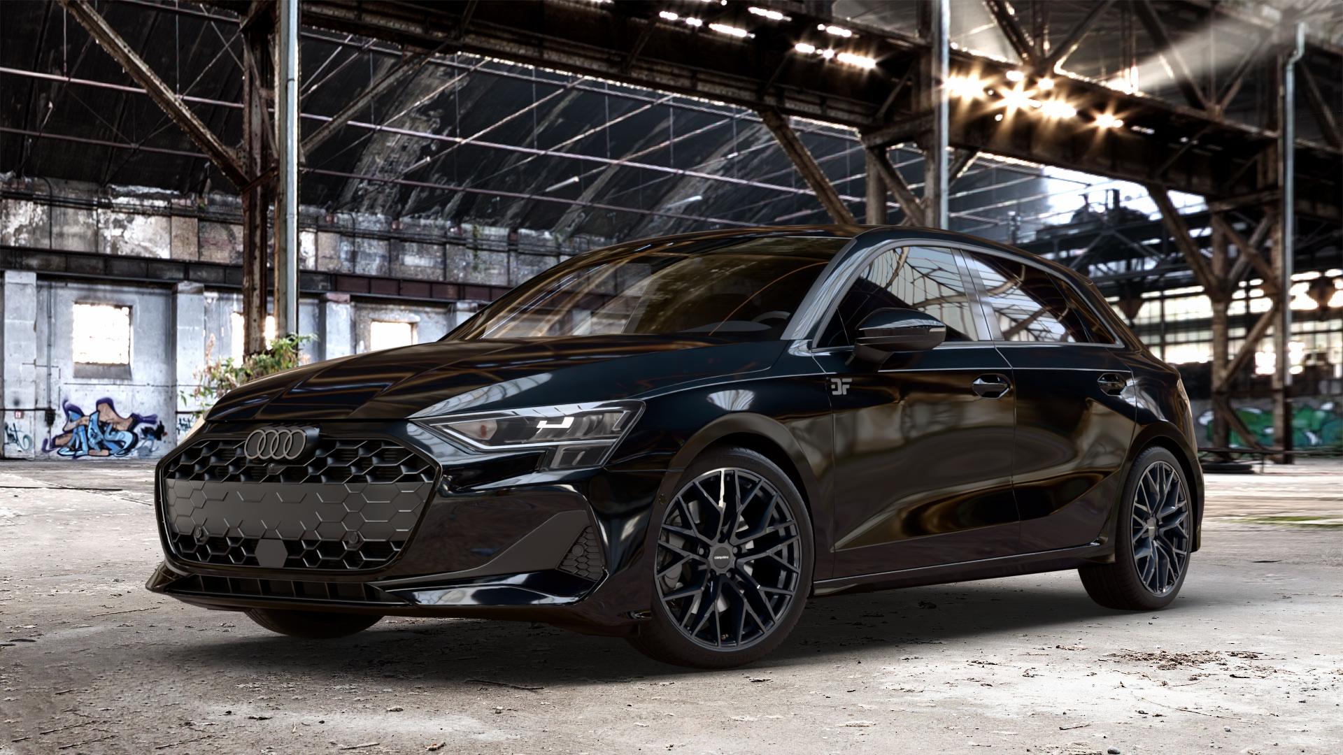 CARMANI 20 Ludwig black Felge mit Reifen schwarz in 18Zoll Winterfelge Alufelge auf metallic schwarzem Audi A3 Typ GY (Sportback) Facelift 2,0l 30 TDI 85kW (116 PS) 1,5l TFSI Mild-Hybrid 35 110kW (150 PHEV 200 130kW Hybrid (177 150 ⬇️ mit 15mm Tieferlegung ⬇️ Old Industrial Hall_max_4400mm_2024 Frontansicht_1