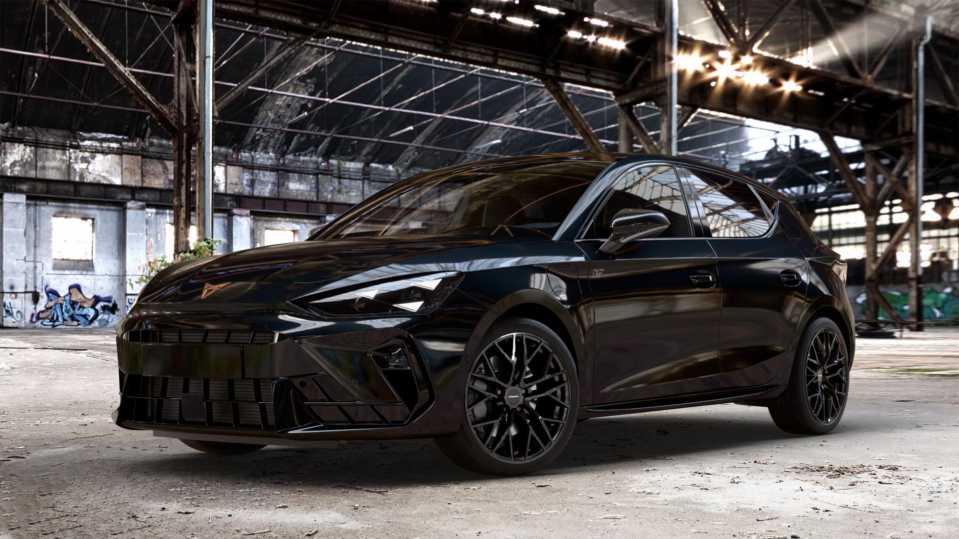 CARMANI 20 Ludwig black Felge mit Reifen schwarz in 18Zoll Winterfelge Alufelge auf metallic schwarzem Cupra Leon Typ KL Facelift ⬇️ mit 15mm Tieferlegung ⬇️ Old Industrial Hall_max_4400mm_2024 Frontansicht_1