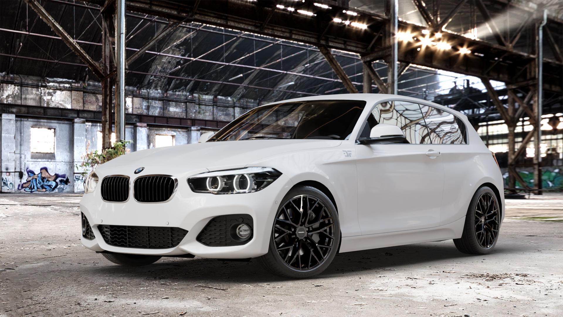 CARMANI 20 Ludwig black Felge mit Reifen schwarz in 18Zoll Winterfelge Alufelge auf weissem BMW 1 M135i Typ F20 F21 xDrive M140i Facelift 1er Fünftürer (1K4) ⬇️ mit 15mm Tieferlegung ⬇️ Old Industrial Hall_max_4400mm_2024 Frontansicht_1