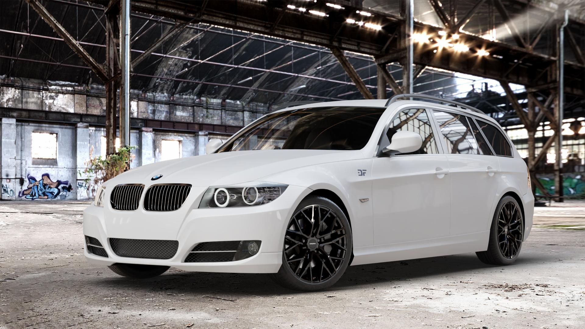 CARMANI 20 Ludwig black Felge mit Reifen schwarz in 18Zoll Winterfelge Alufelge auf weissem BMW 318i Typ E91 (Touring) 320i 325i 330i 320d 330d 318d 325xi 330xi 335i 335d 325d 330xd 335xi 320xd 316d 316i 3er Touring (390L, 390X, 3K, 3K-N1) ⬇️ mit 15mm Tieferlegung ⬇️ Old Industrial Hall_max_4400mm_2024 Frontansicht_1