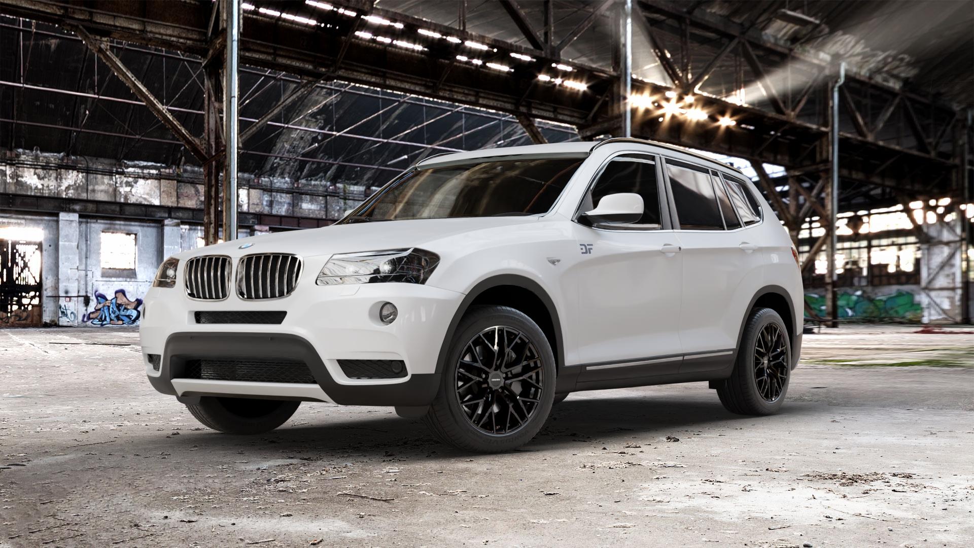 CARMANI 20 Ludwig black Felge mit Reifen schwarz in 18Zoll Winterfelge Alufelge auf weissem BMW X3 Typ F25 (X3, X-N1) ⬇️ mit 15mm Tieferlegung ⬇️ Old Industrial Hall_max_5300mm_2024 Frontansicht_1