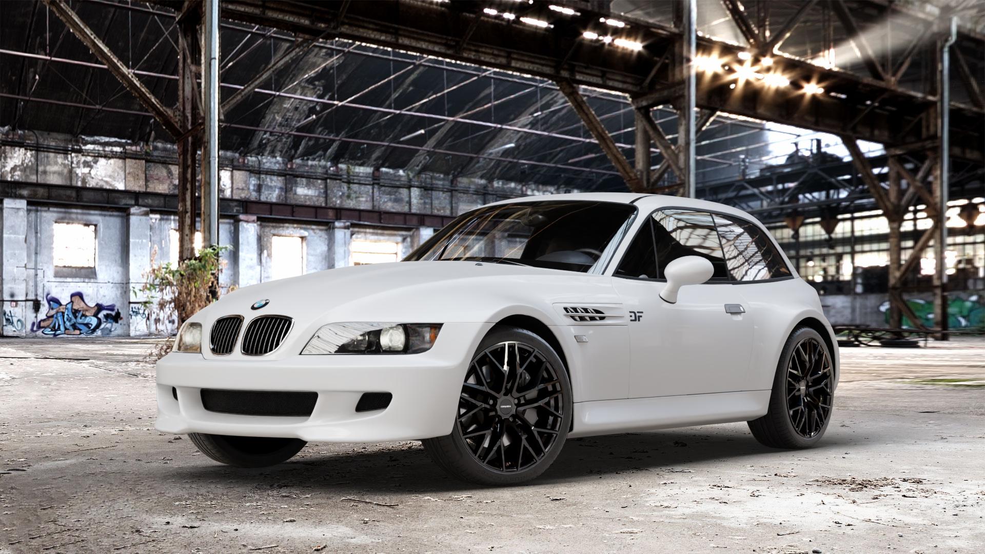 CARMANI 20 Ludwig black Felge mit Reifen schwarz in 18Zoll Winterfelge Alufelge auf weissem BMW Z3 Coupé Typ E36/8(S) (R/C) ⬇️ mit 15mm Tieferlegung ⬇️ Old Industrial Hall_max_4400mm_2024 Frontansicht_1