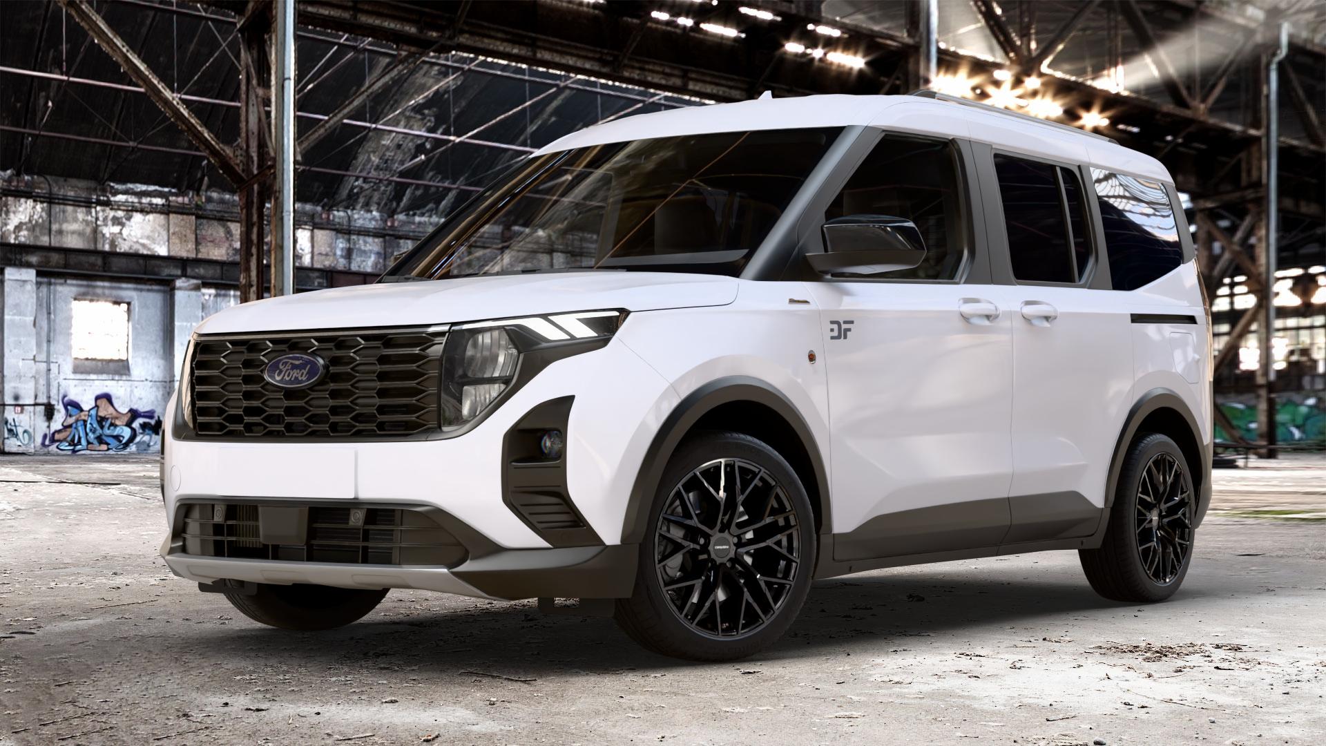 CARMANI 20 Ludwig black Felge mit Reifen schwarz in 18Zoll Winterfelge Alufelge auf weissem Ford Tourneo Courier Typ N3P 1,0l EcoBoost 92kW (125 PS) 74kW (101 1,5l EcoBlue 73kW (99 ⬇️ mit 15mm Tieferlegung ⬇️ Old Industrial Hall_max_4400mm_2024 Frontansicht_1