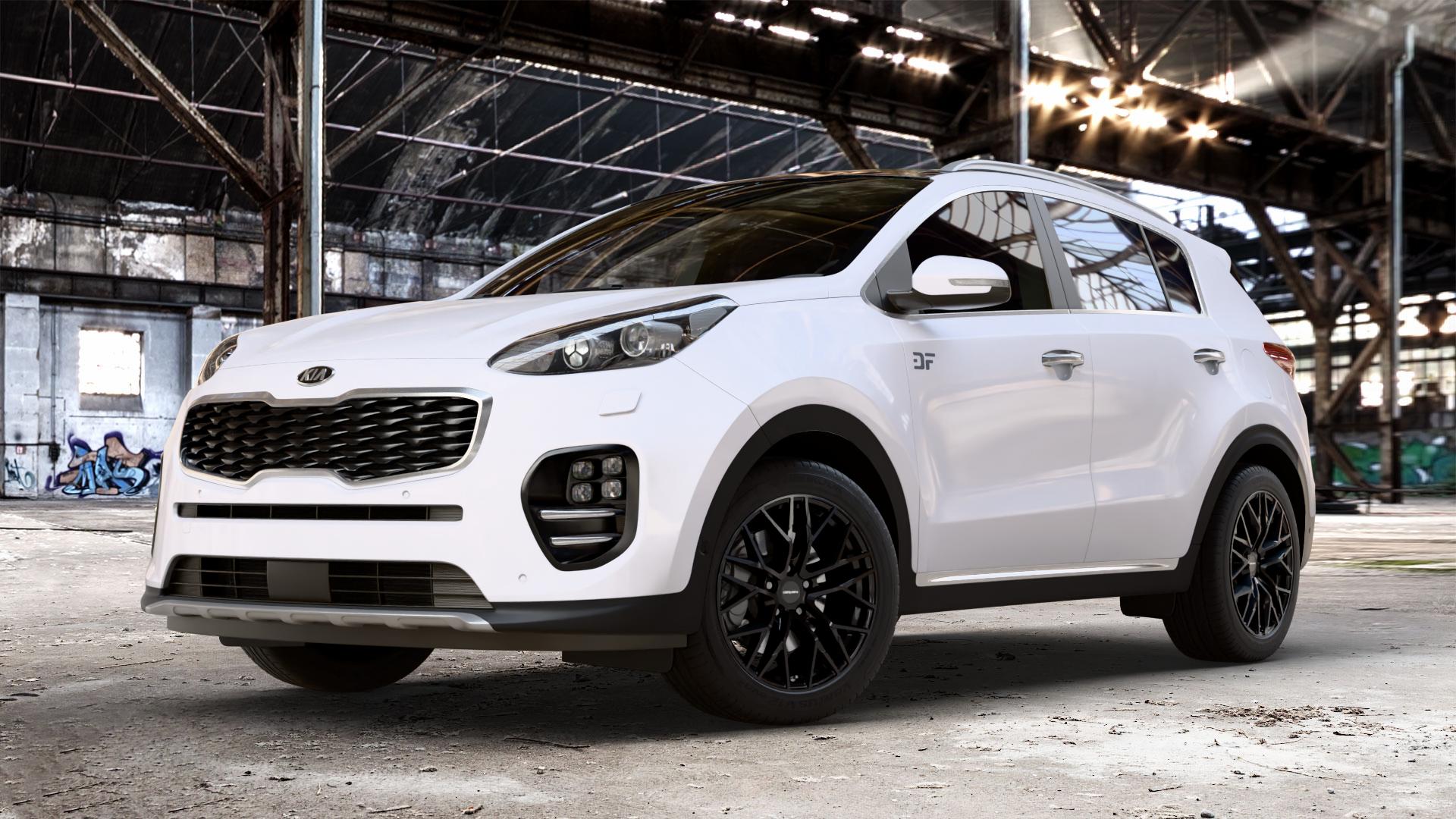 CARMANI 20 Ludwig black Felge mit Reifen schwarz in 18Zoll Winterfelge Alufelge auf weissem Kia Sportage IV Typ QL QLE ⬇️ mit 15mm Tieferlegung ⬇️ Old Industrial Hall_max_4400mm_2024 Frontansicht_1
