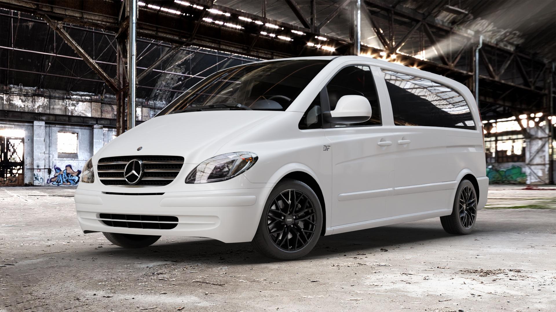 CARMANI 20 Ludwig black Felge mit Reifen schwarz in 18Zoll Winterfelge Alufelge auf weissem Mercedes Vito Bus Typ W639 Viano ⬇️ mit 15mm Tieferlegung ⬇️ Old Industrial Hall_max_5300mm_2024 Frontansicht_1
