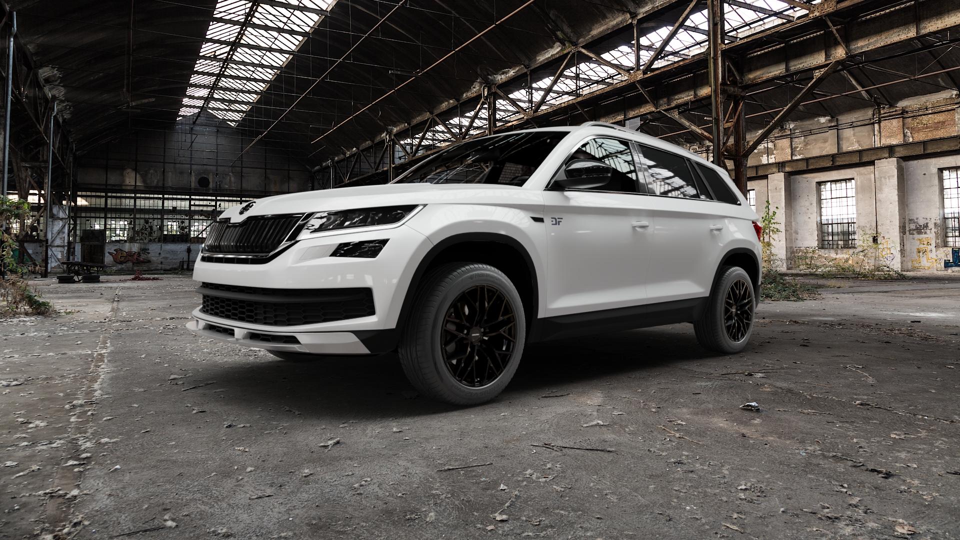 CARMANI 20 Ludwig black Felge mit Reifen schwarz in 18Zoll Winterfelge Alufelge auf weissem Skoda Kodiaq Scout Typ NS ⬇️ mit 15mm Tieferlegung ⬇️ Old Industrial Hall_max5000mm_2022 Frontansicht_1