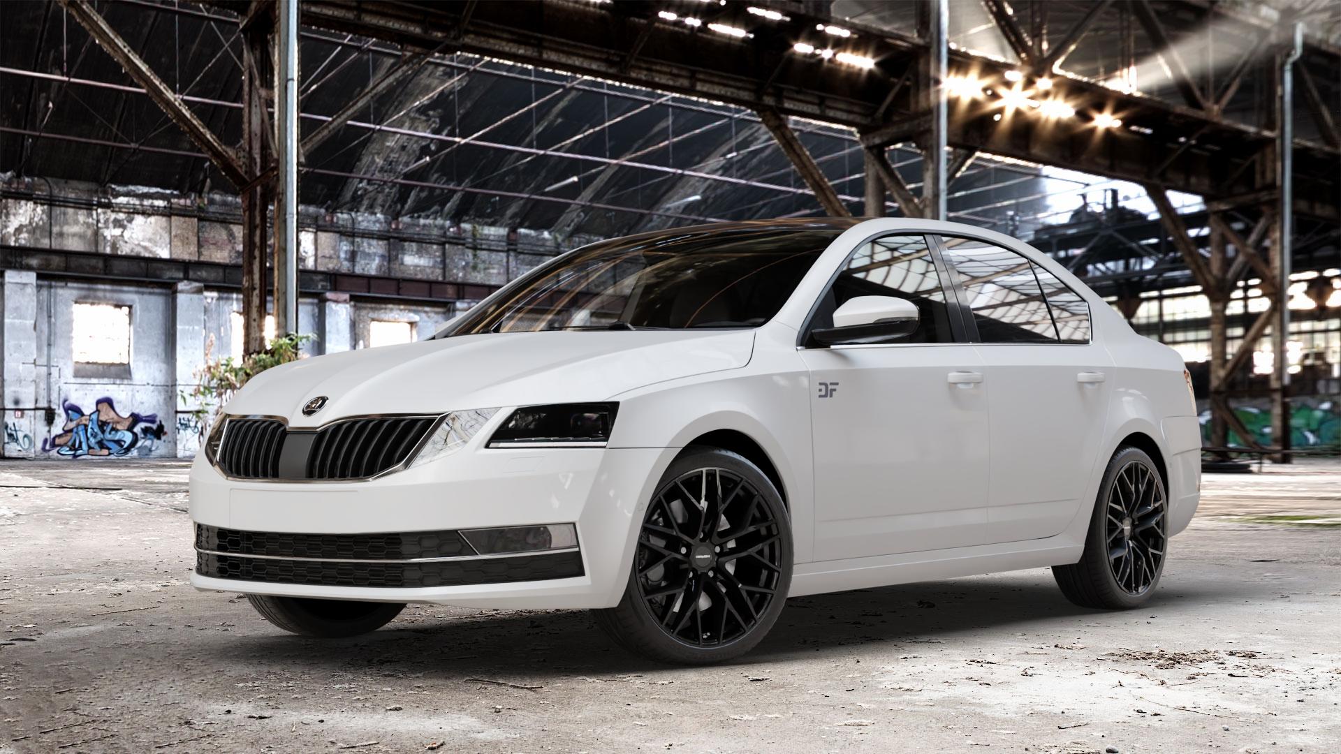 CARMANI 20 Ludwig black Felge mit Reifen schwarz in 18Zoll Winterfelge Alufelge auf weissem Skoda Octavia III Limousine Typ 5E Facelift ⬇️ mit 15mm Tieferlegung ⬇️ Old Industrial Hall_max_4400mm_2024 Frontansicht_1