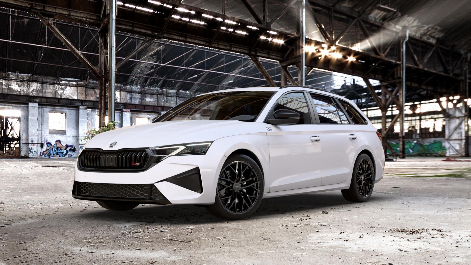 CARMANI 20 Ludwig black Felge mit Reifen schwarz in 18Zoll Winterfelge Alufelge auf weissem Skoda Octavia IV Kombi Typ NX Facelift 2,0l TSI 195kW RS (265 PS) ⬇️ mit 15mm Tieferlegung ⬇️ Old Industrial Hall_max_5300mm_2024 Frontansicht_1