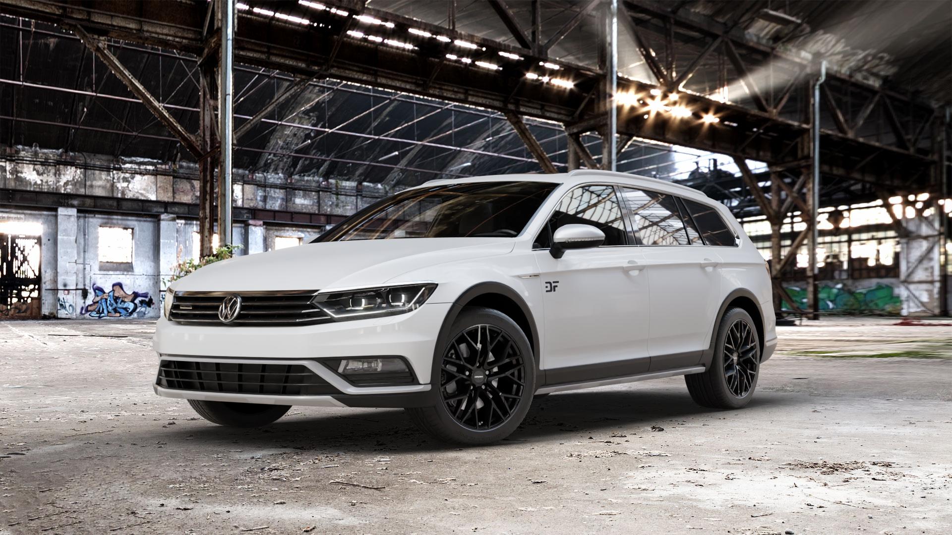 CARMANI 20 Ludwig black Felge mit Reifen schwarz in 18Zoll Winterfelge Alufelge auf weissem Volkswagen (VW) Passat 3C/B8 Alltrack ⬇️ mit 15mm Tieferlegung ⬇️ Old Industrial Hall_max_5300mm_2024 Frontansicht_1