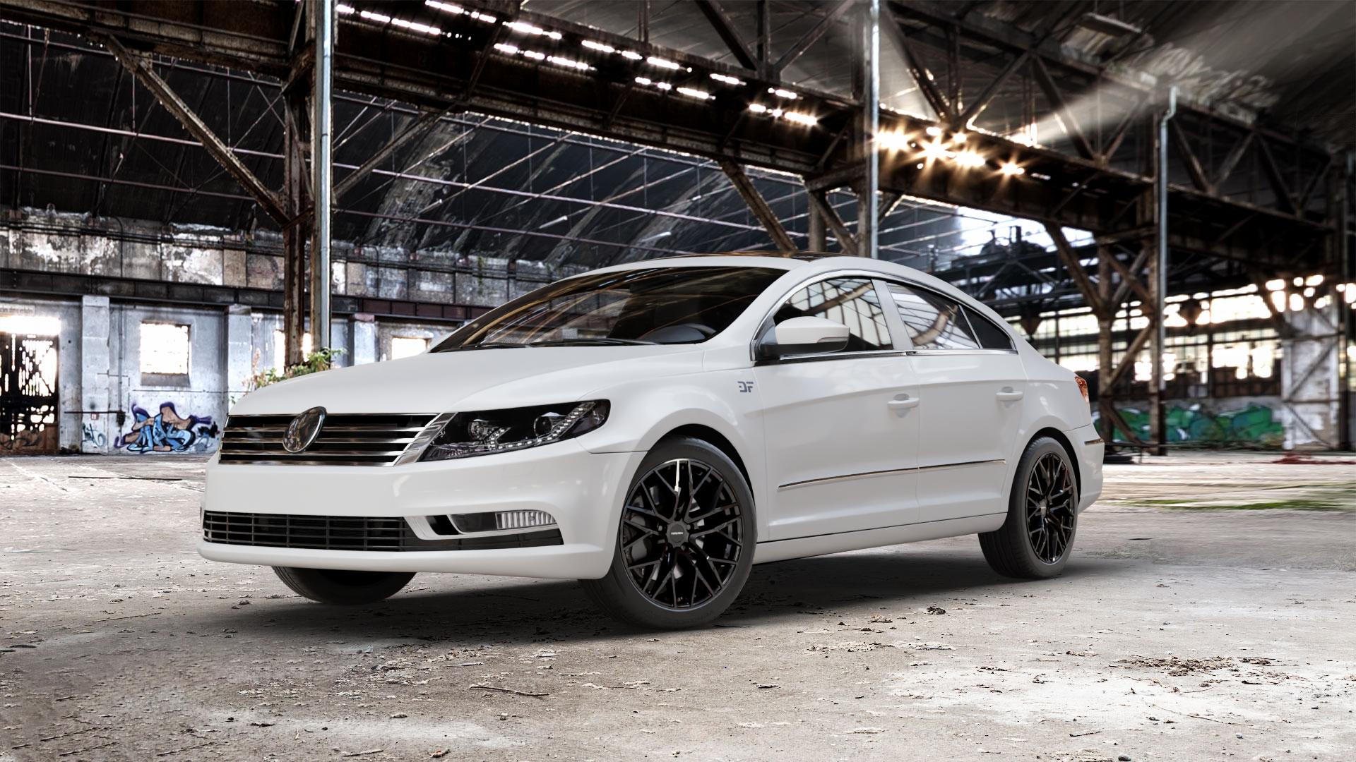 CARMANI 20 Ludwig black Felge mit Reifen schwarz in 18Zoll Winterfelge Alufelge auf weissem Volkswagen (VW) Passat CC II (15->) ⬇️ mit 15mm Tieferlegung ⬇️ Old Industrial Hall_max_5300mm_2024 Frontansicht_1