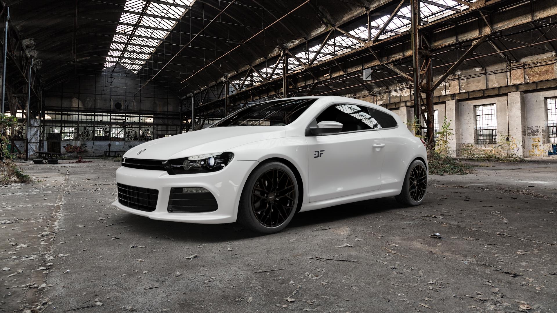CARMANI 20 Ludwig black Felge mit Reifen schwarz in 18Zoll Winterfelge Alufelge auf weissem Volkswagen (VW) Scirocco III Typ 13 2,0l TSI R 195kW (265 PS) 188kW (256 ⬇️ mit 15mm Tieferlegung ⬇️ Old Industrial Hall_max5000mm_2022 Frontansicht_1