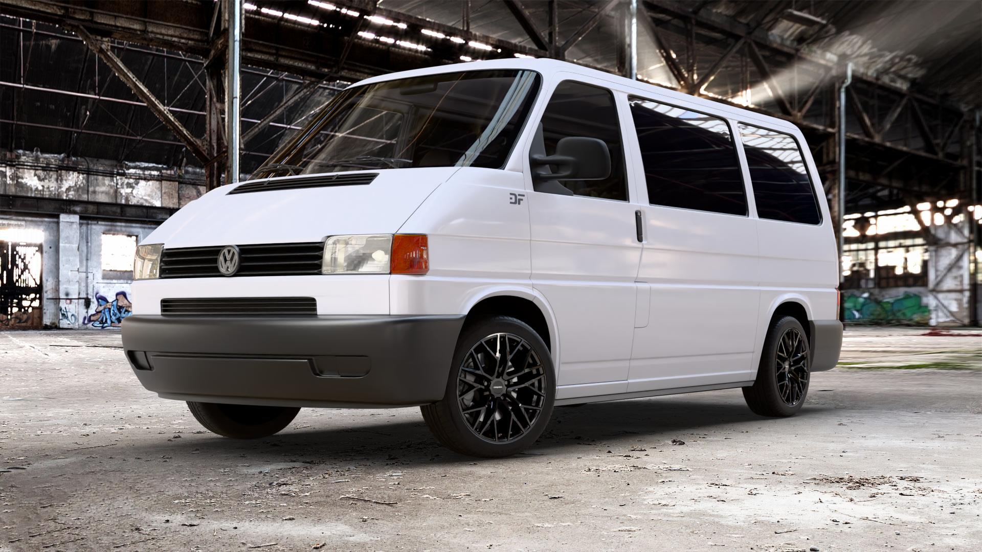 CARMANI 20 Ludwig black Felge mit Reifen schwarz in 18Zoll Winterfelge Alufelge auf weissem Volkswagen (VW) T4 California Caravelle Kleinbus Multivan Krankenwagen ⬇️ mit 15mm Tieferlegung ⬇️ Old Industrial Hall_max_5300mm_2024 Frontansicht_1