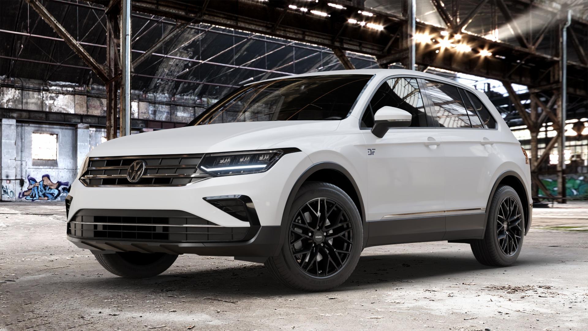 CARMANI 20 Ludwig black Felge mit Reifen schwarz in 18Zoll Winterfelge Alufelge auf weissem Volkswagen (VW) Tiguan II Typ 5N Facelift ⬇️ mit 15mm Tieferlegung ⬇️ Old Industrial Hall_max_4400mm_2024 Frontansicht_1