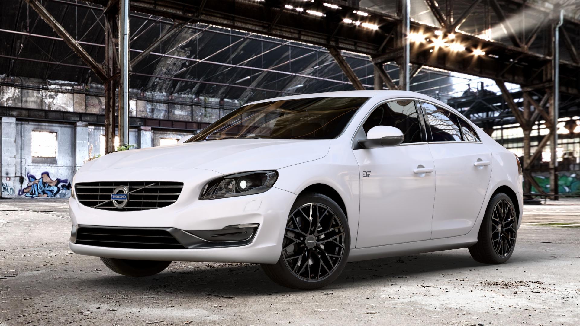 CARMANI 20 Ludwig black Felge mit Reifen schwarz in 18Zoll Winterfelge Alufelge auf weissem Volvo S60 II Typ F ⬇️ mit 15mm Tieferlegung ⬇️ Old Industrial Hall_max_4400mm_2024 Frontansicht_1