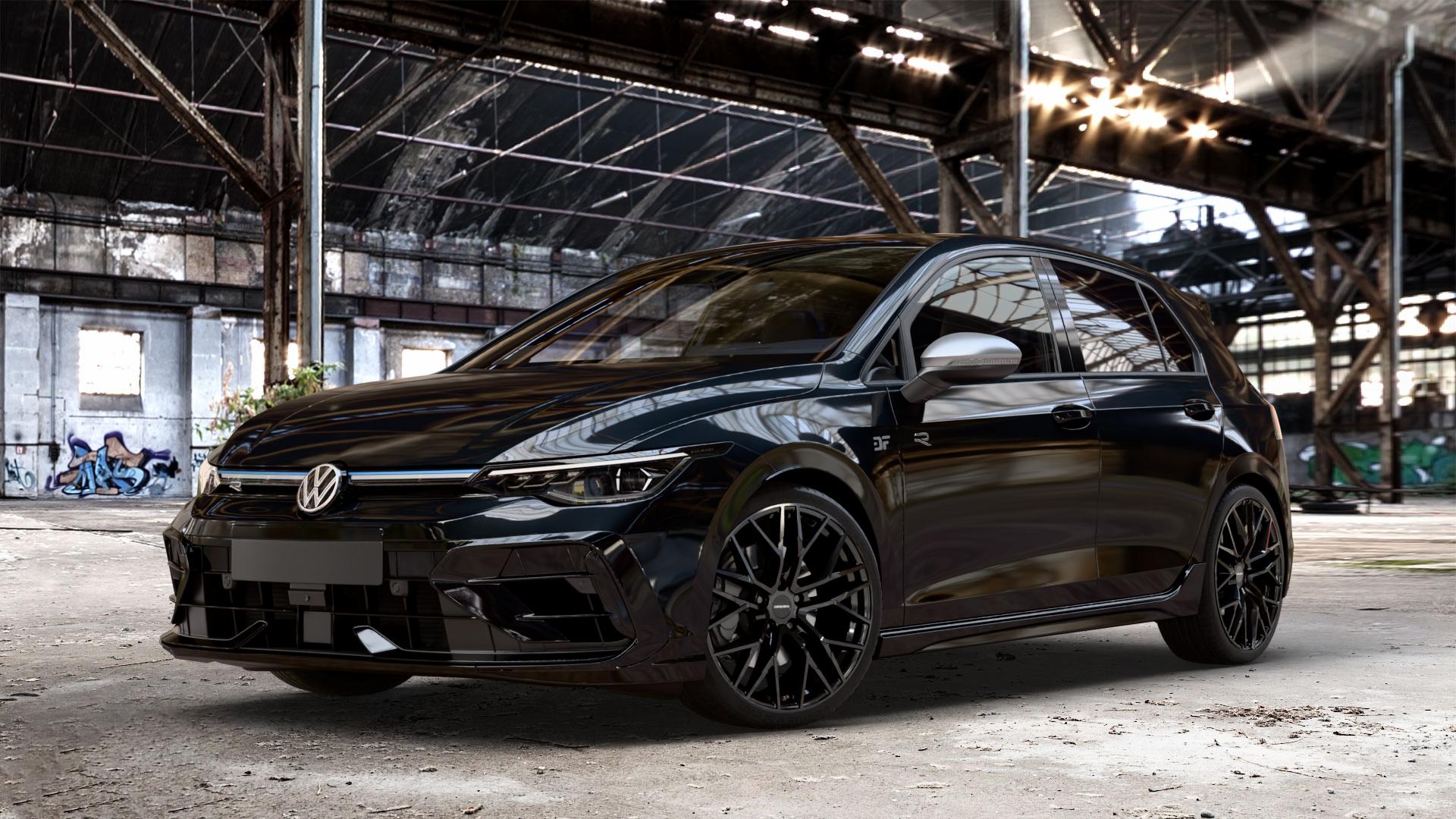 CARMANI 20 Ludwig black Felge mit Reifen schwarz in 19Zoll Winterfelge Alufelge auf metallic schwarzem Volkswagen (VW) Golf 8 Facelift 2,0l R 4Motion 245kW (333 PS) ⬇️ mit 15mm Tieferlegung ⬇️ Old Industrial Hall_max_4400mm_2024 Frontansicht_1